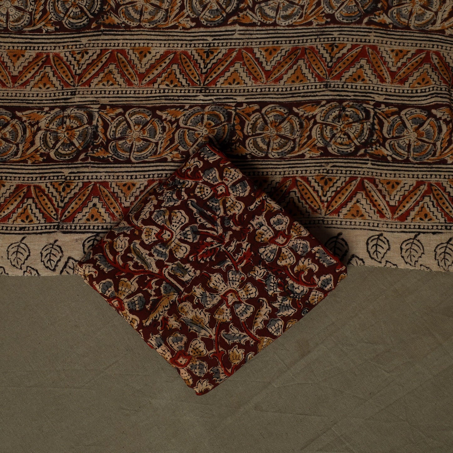 Natural dyed pedana kalamkari hand block print cotton 3pc