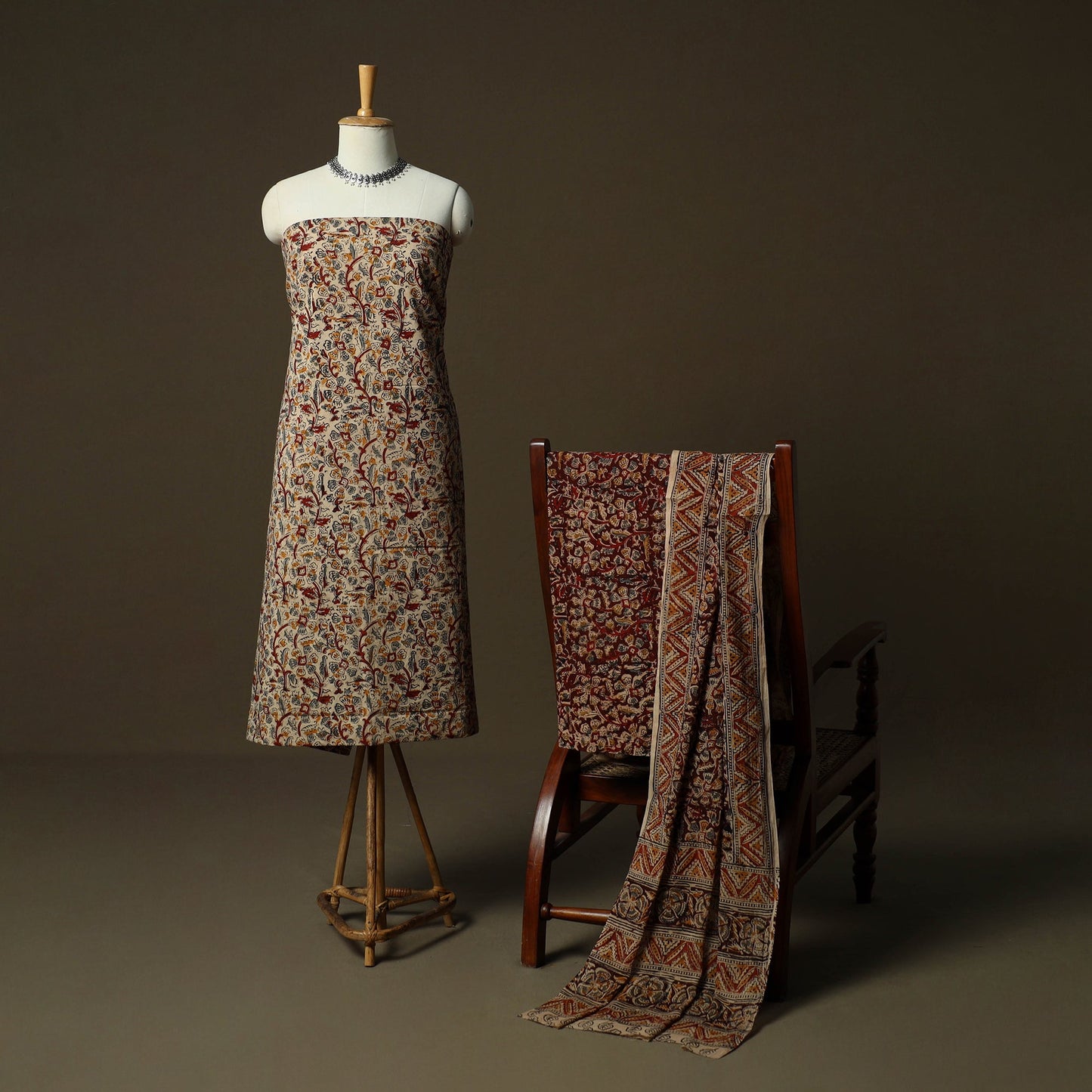 Natural dyed pedana kalamkari hand block print cotton 3pc