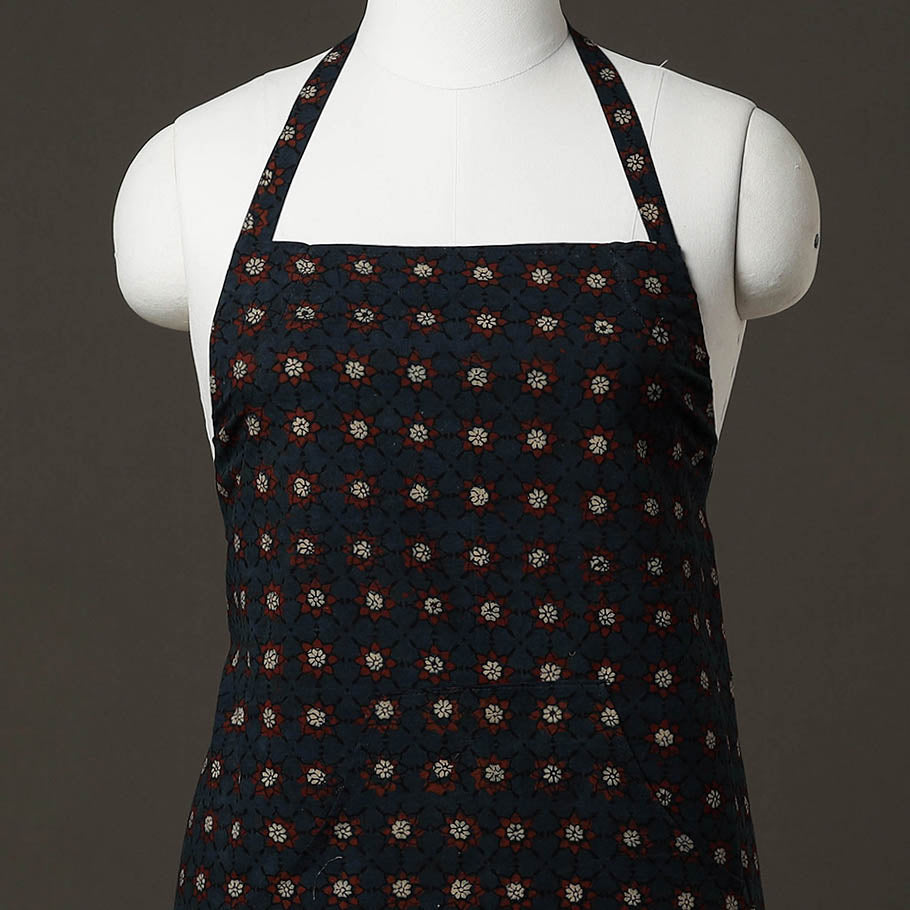 Navy Blue Ajrakh Block Printed Cotton Apron with Pocket
