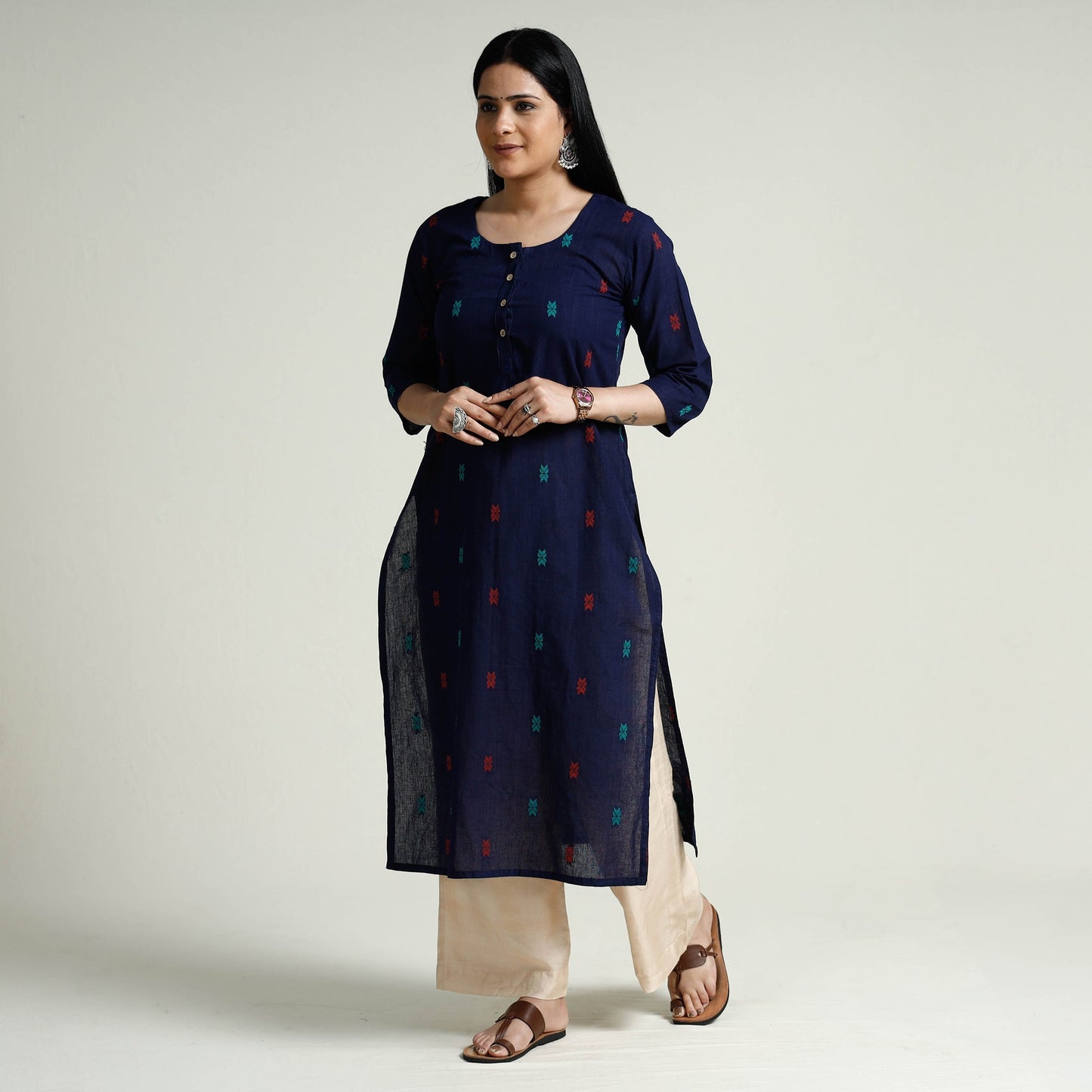 Jacquard Cotton Long Kurta for Women