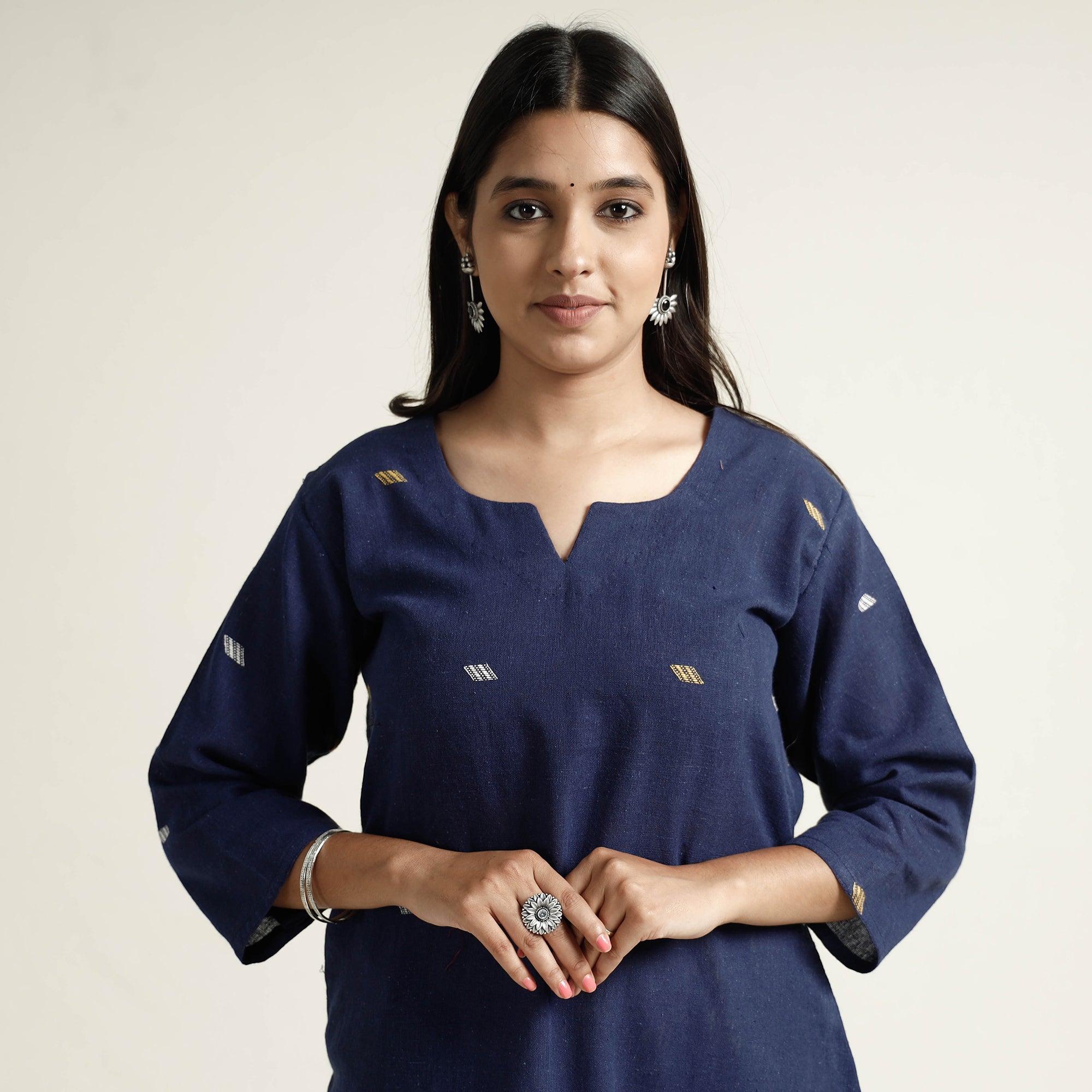 Navy Blue Organic Kala Cotton Handloom Small Buti Long Kurta