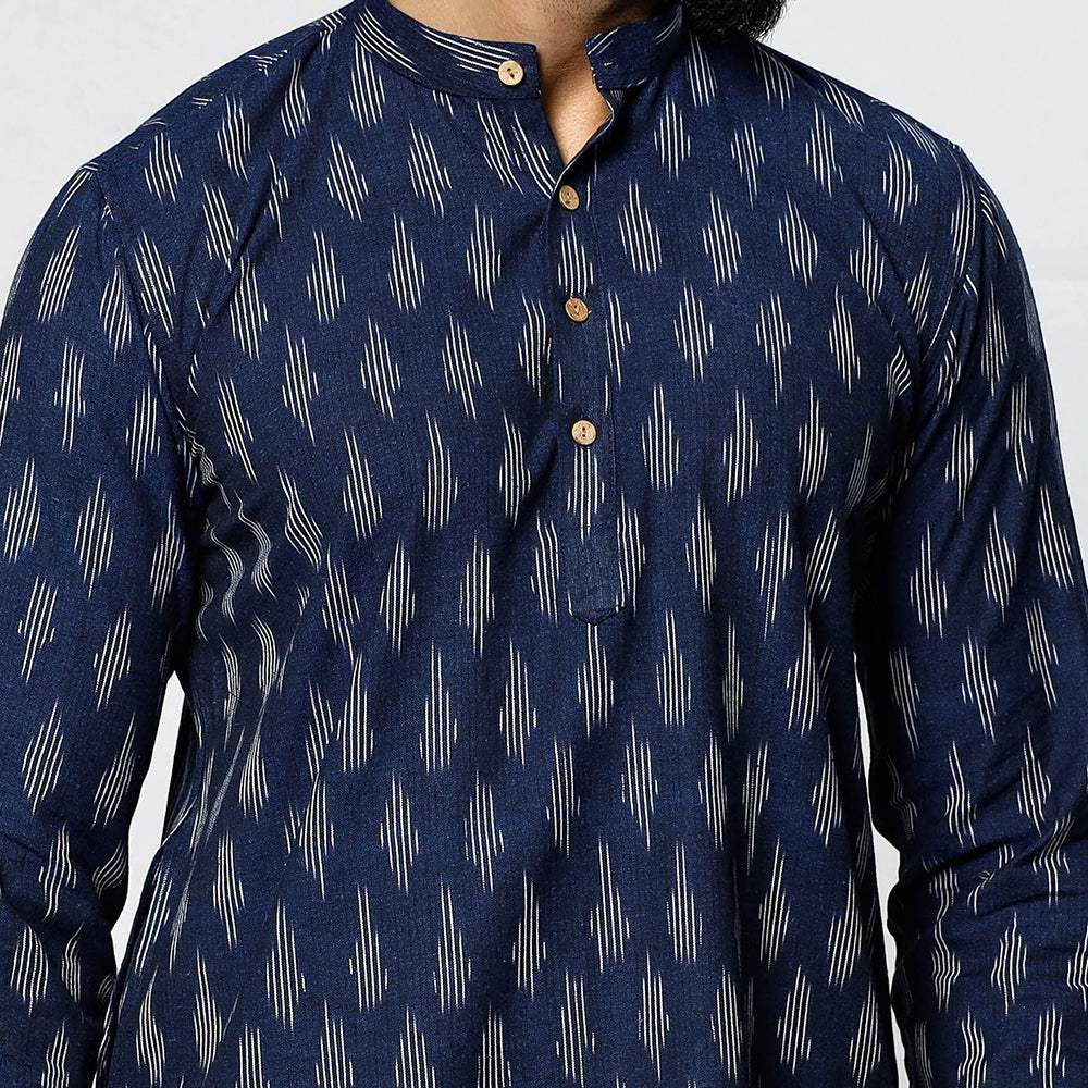 Navy blue - pochampally ikat weave cotton men short kurta