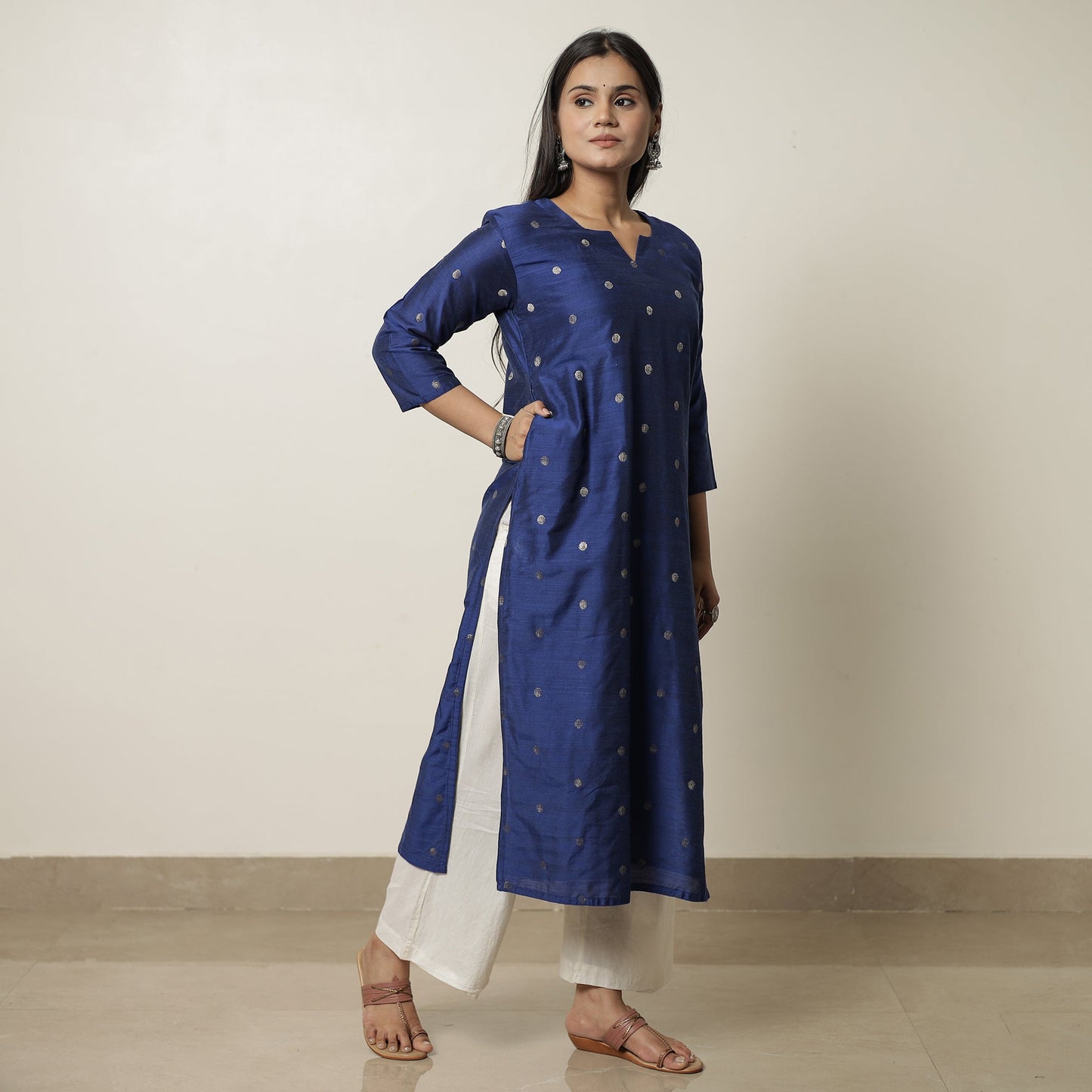 Polka Zari Buti Spun Dupion Silk Long Straight Kurta for Women