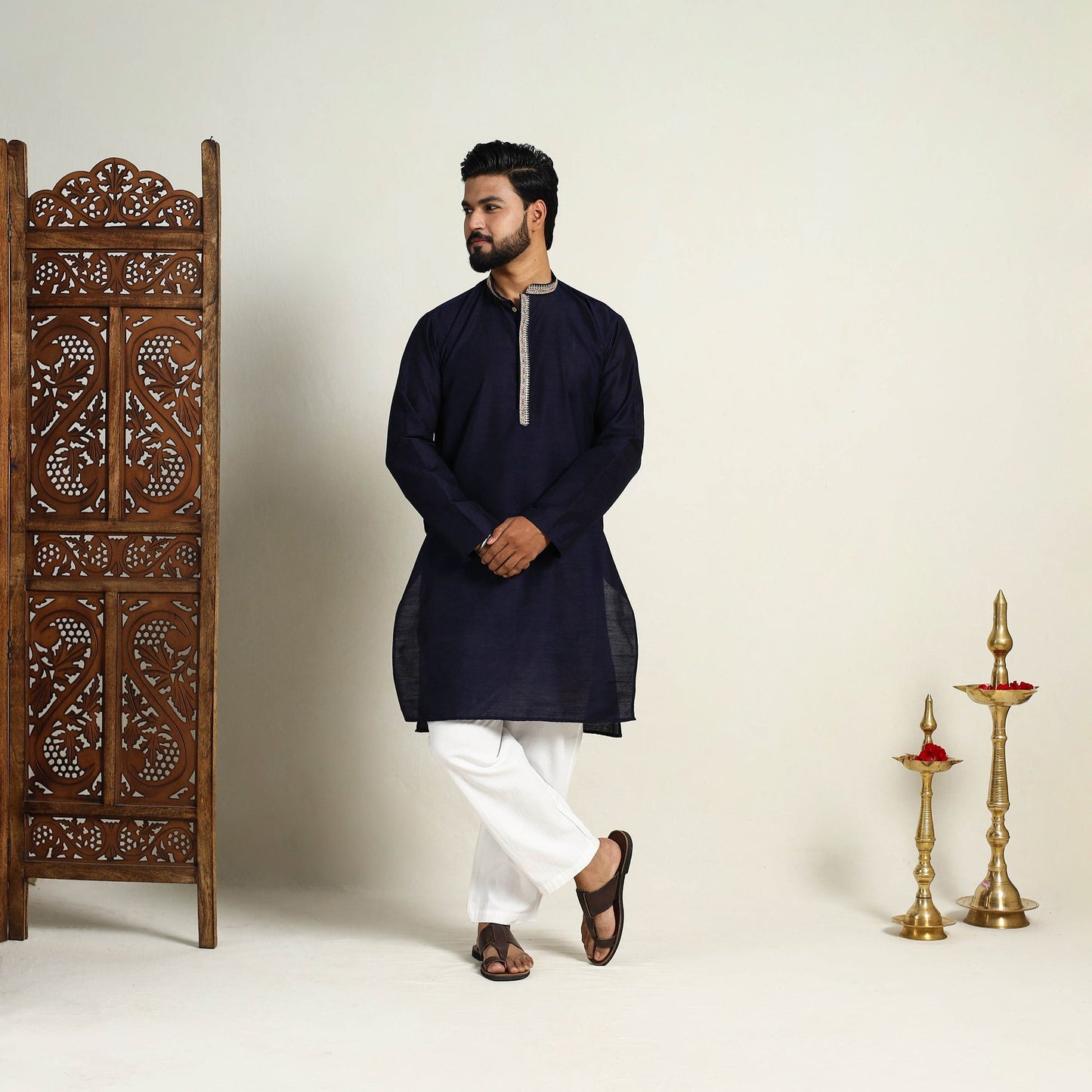 Navy Blue Slub Silk Kurta for Men with Embellished Neckline Work
