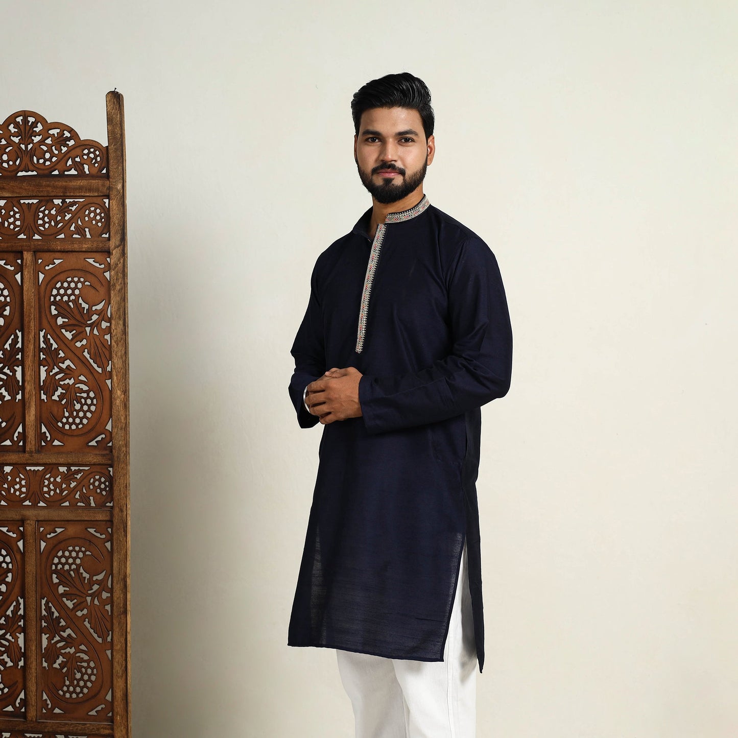 Navy Blue Slub Silk Kurta for Men with Embellished Neckline Work