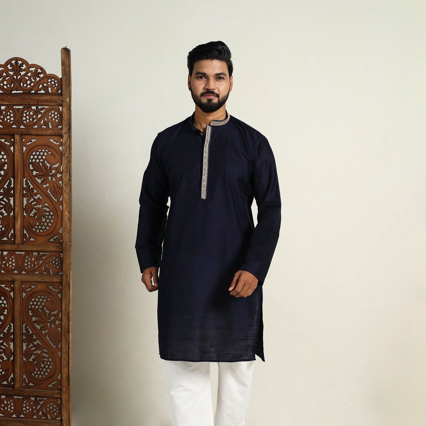 Navy Blue Slub Silk Kurta for Men with Embellished Neckline Work