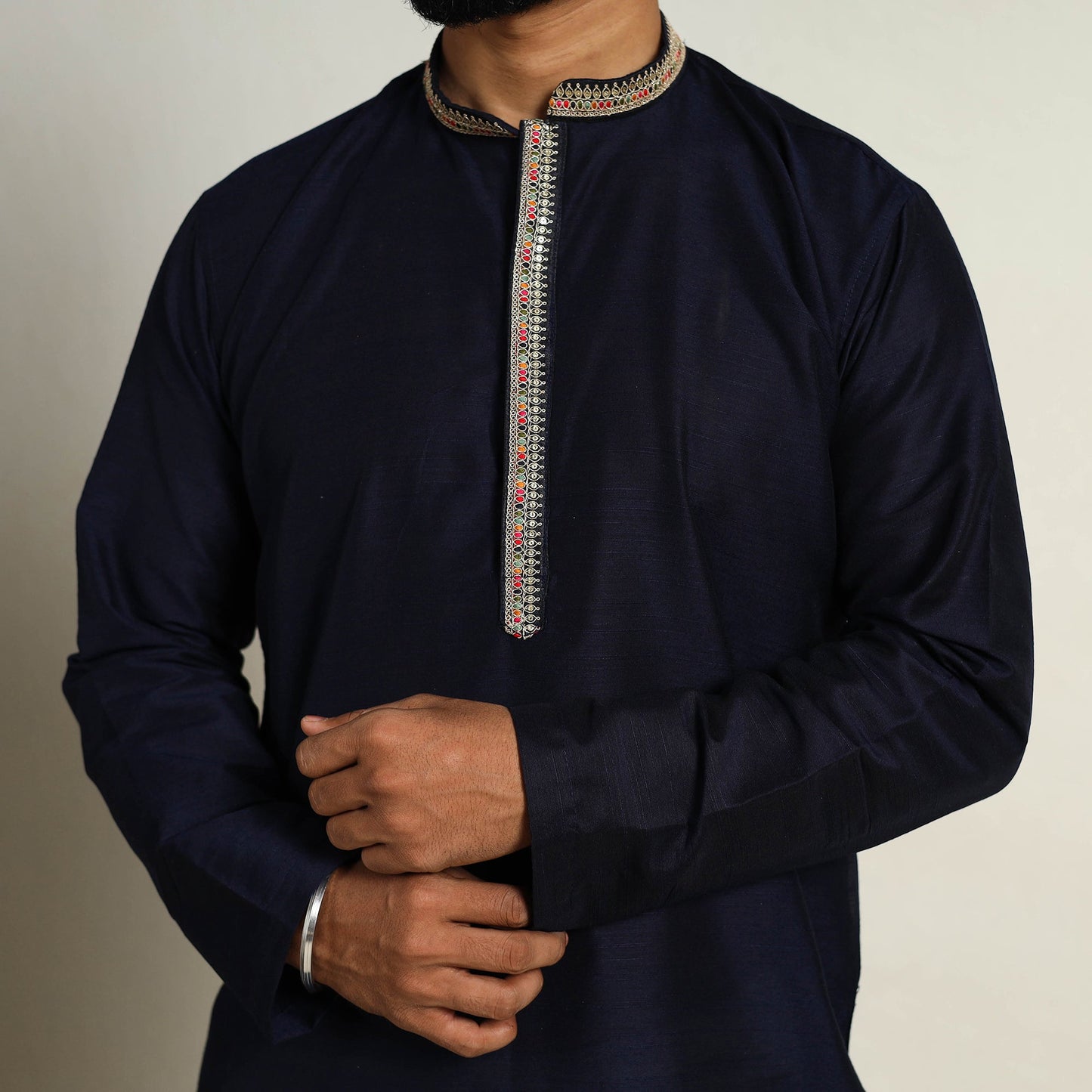Navy Blue Slub Silk Kurta for Men with Embellished Neckline Work