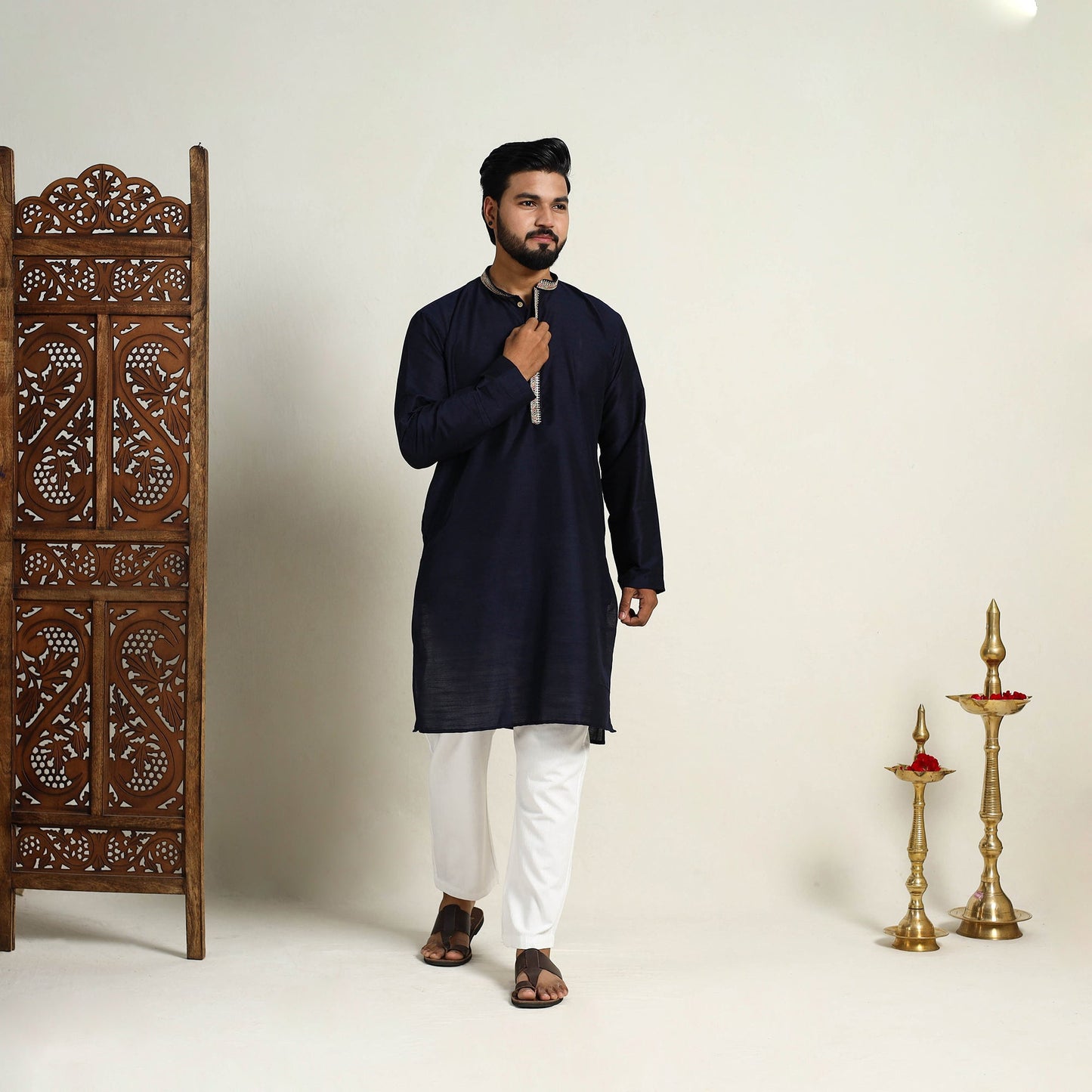 Navy Blue Slub Silk Kurta for Men with Embellished Neckline Work