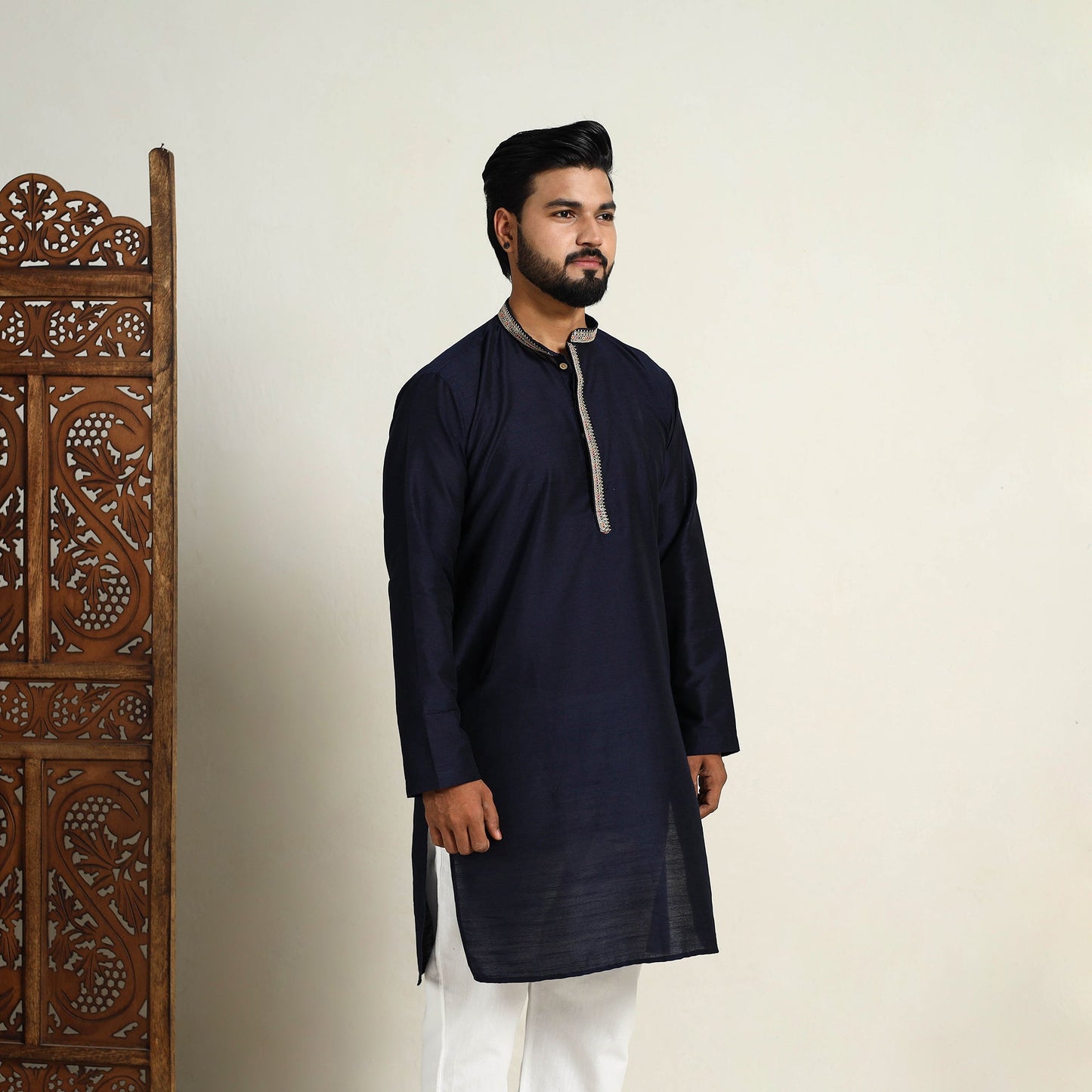 Navy Blue Slub Silk Kurta for Men with Embellished Neckline Work