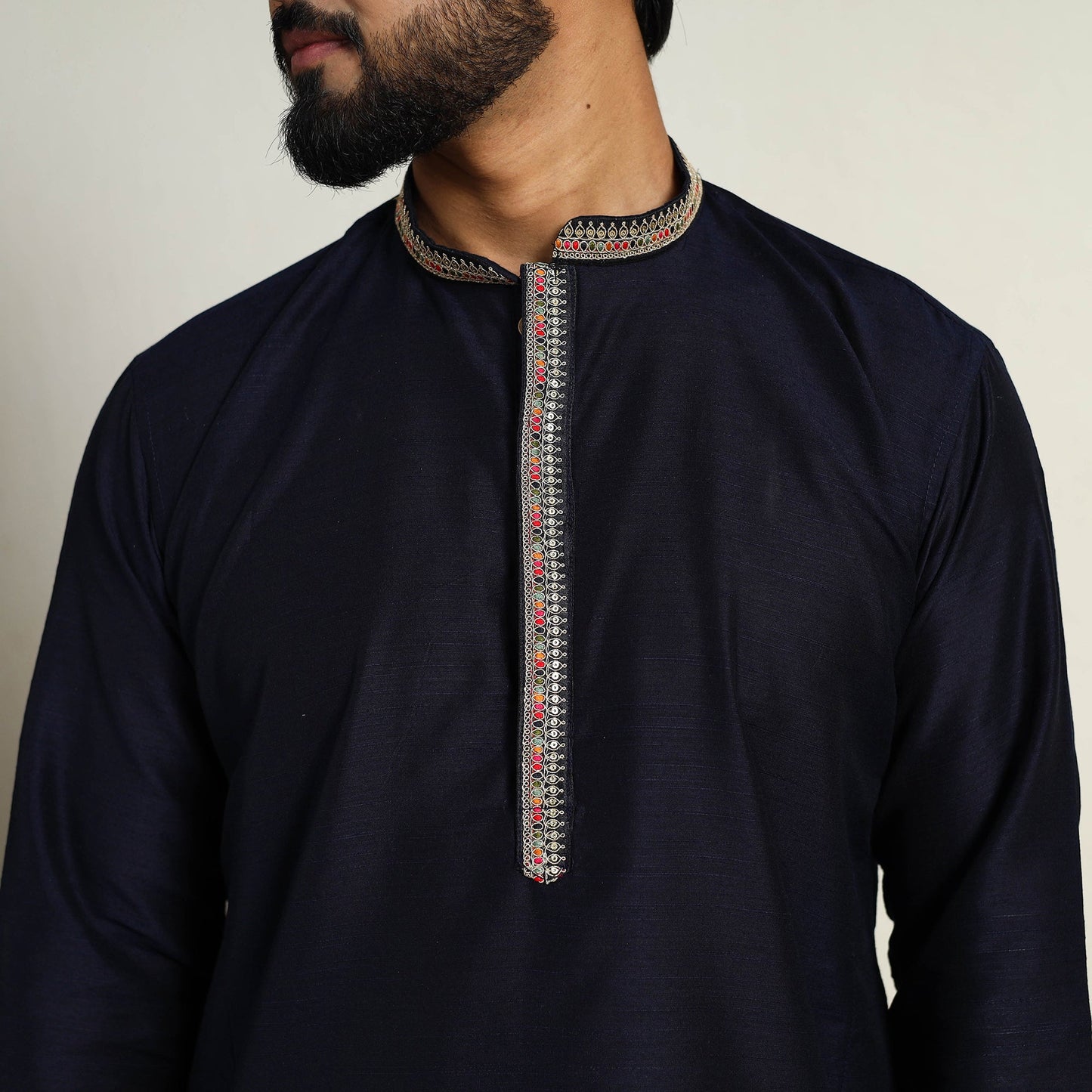 Navy Blue Slub Silk Kurta for Men with Embellished Neckline Work