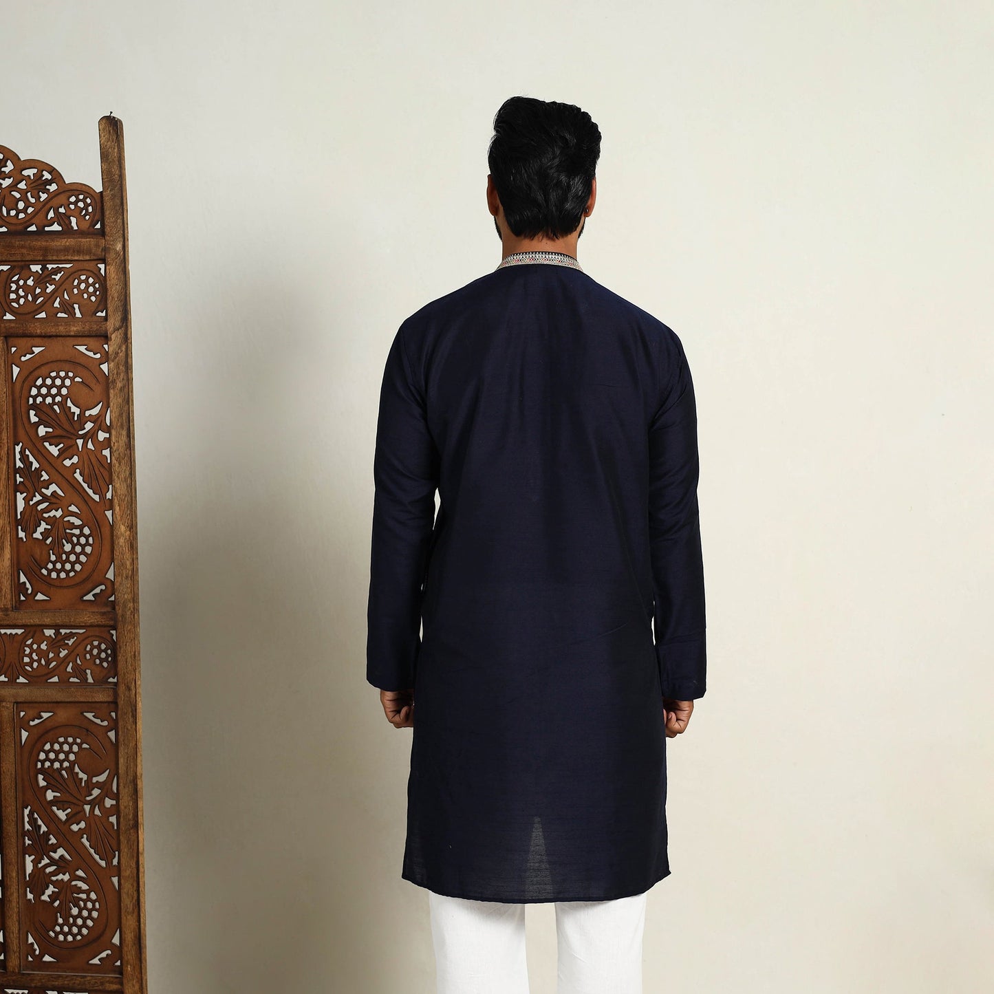 Navy Blue Slub Silk Kurta for Men with Embellished Neckline Work
