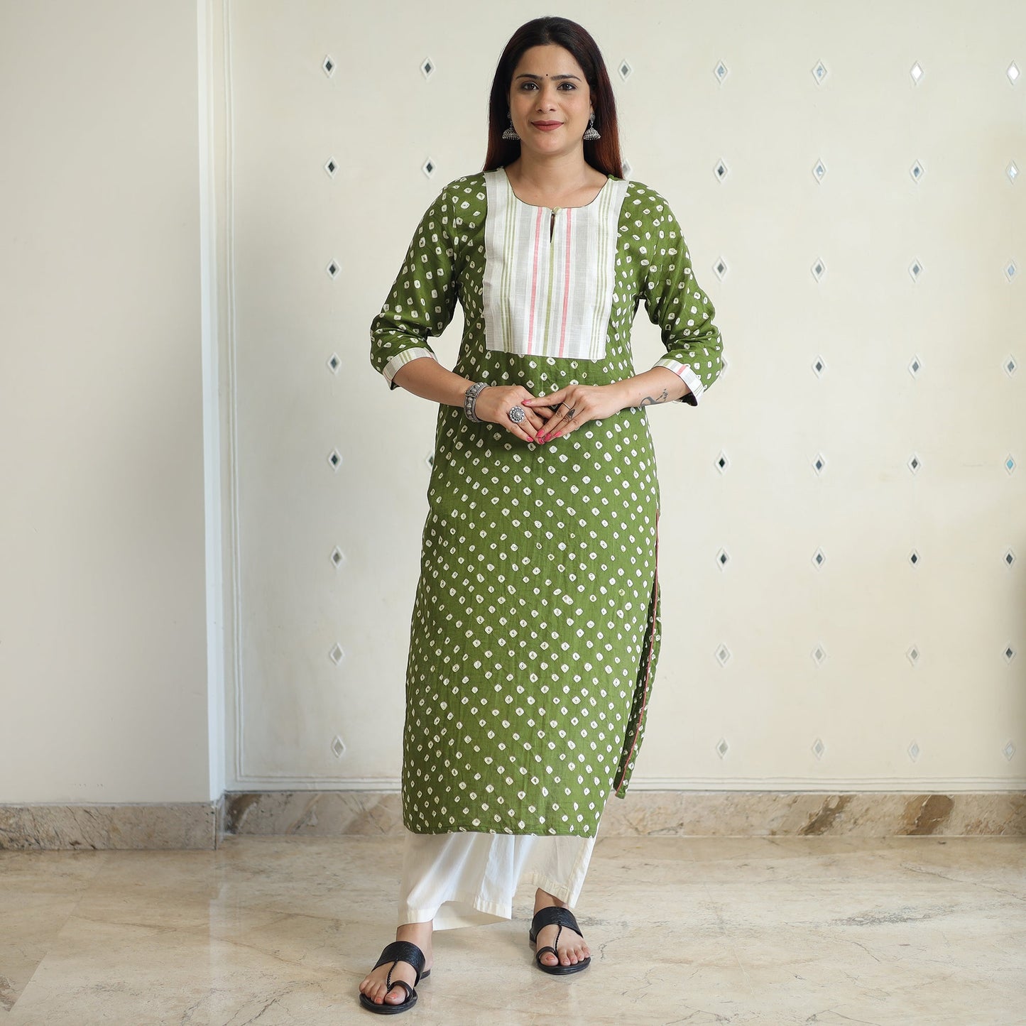Buy Bandhani Tie-dye Cotton Long Straight Kurta for Women