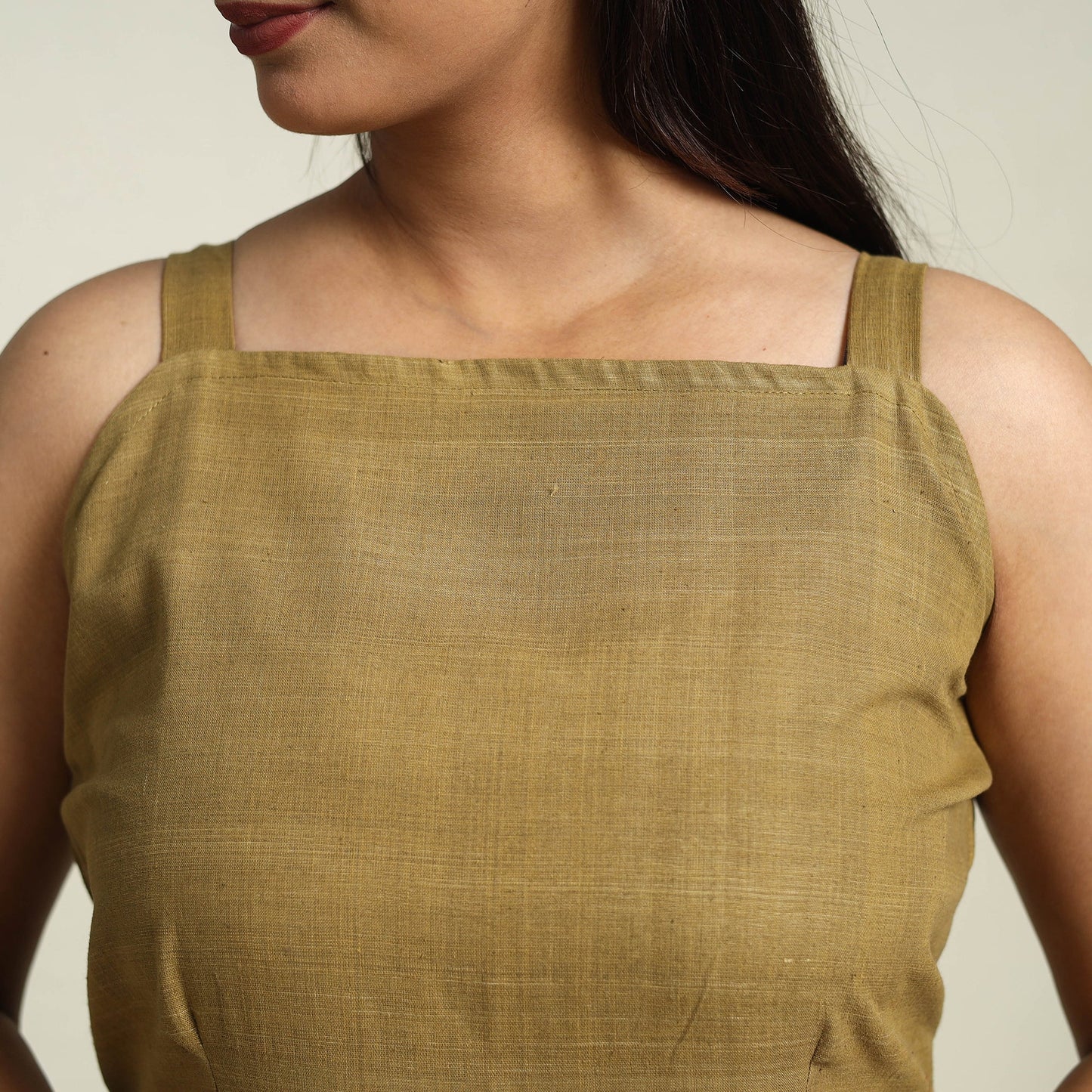 Olive Green Handspun Handloom Cotton Plain Dress