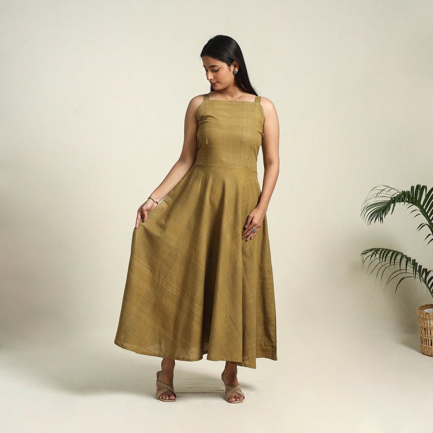 Olive Green Handspun Handloom Cotton Plain Dress
