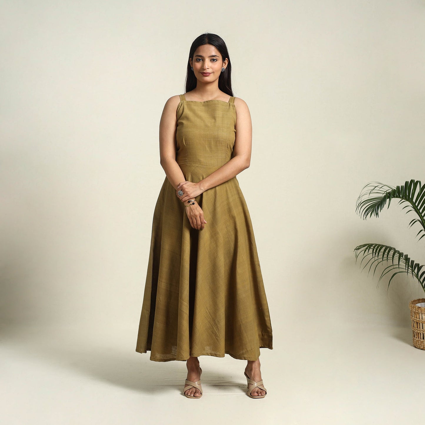 Olive Green Handspun Handloom Cotton Plain Dress