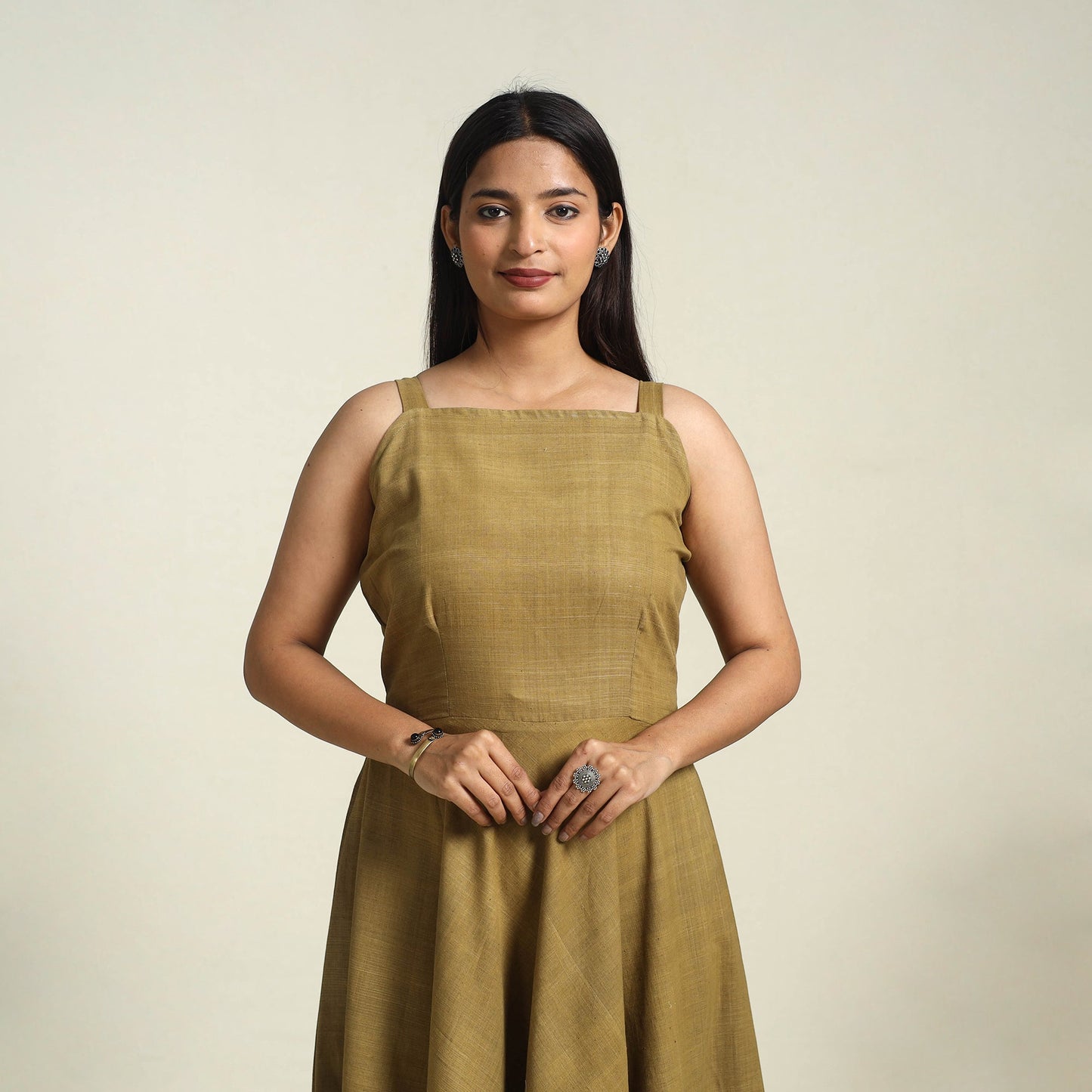 Olive Green Handspun Handloom Cotton Plain Dress