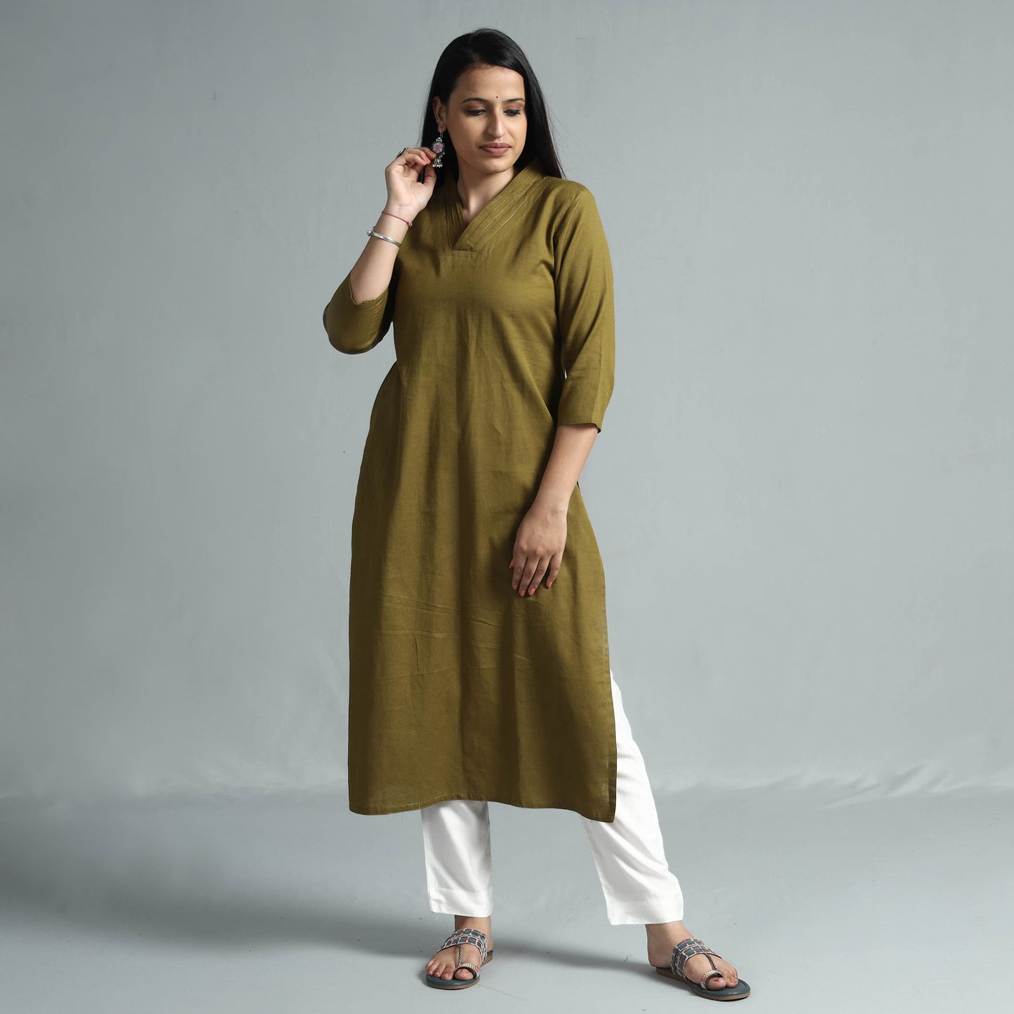 Olive green plain flex cotton kurta - handcrafted
