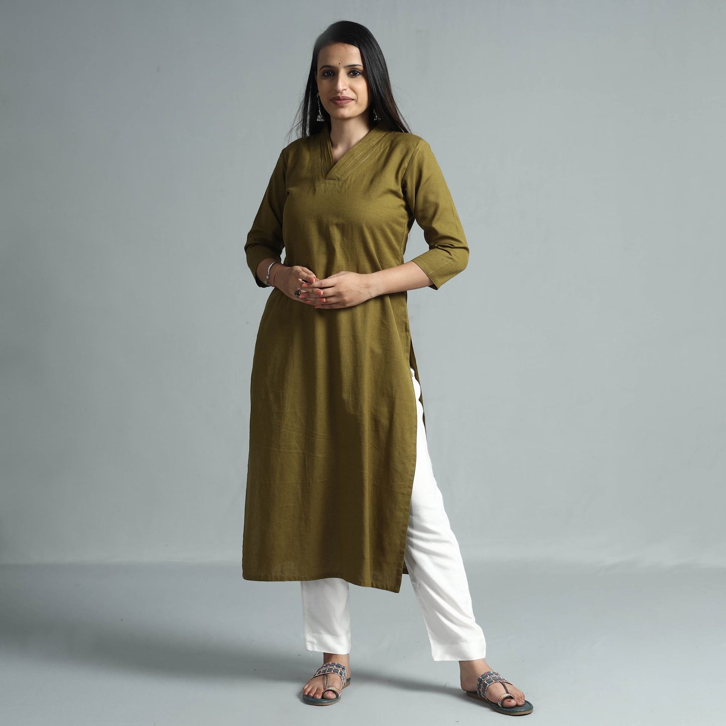 Olive green plain flex cotton kurta - handcrafted
