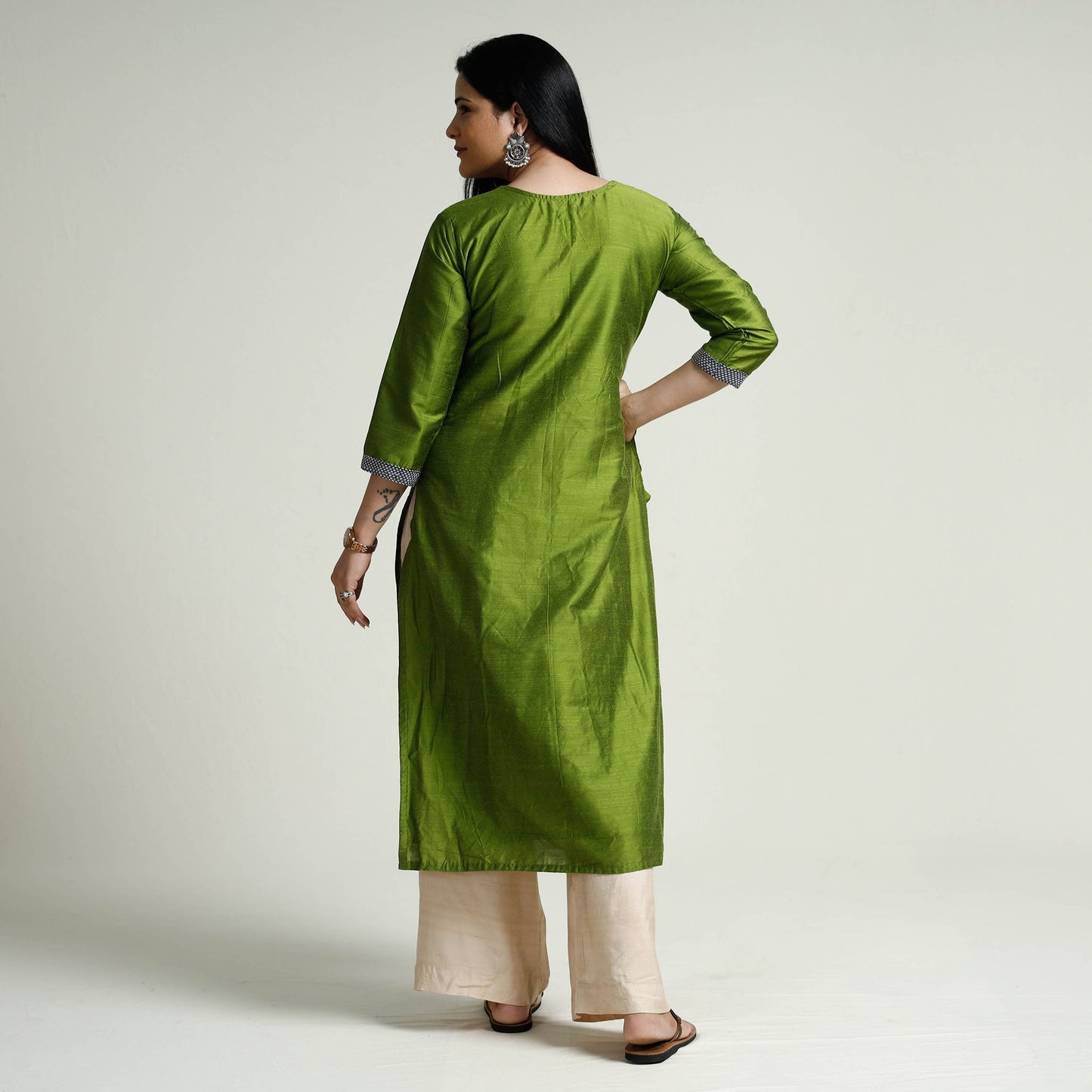 Olive Green - Plain Silk Long Straight Kurta