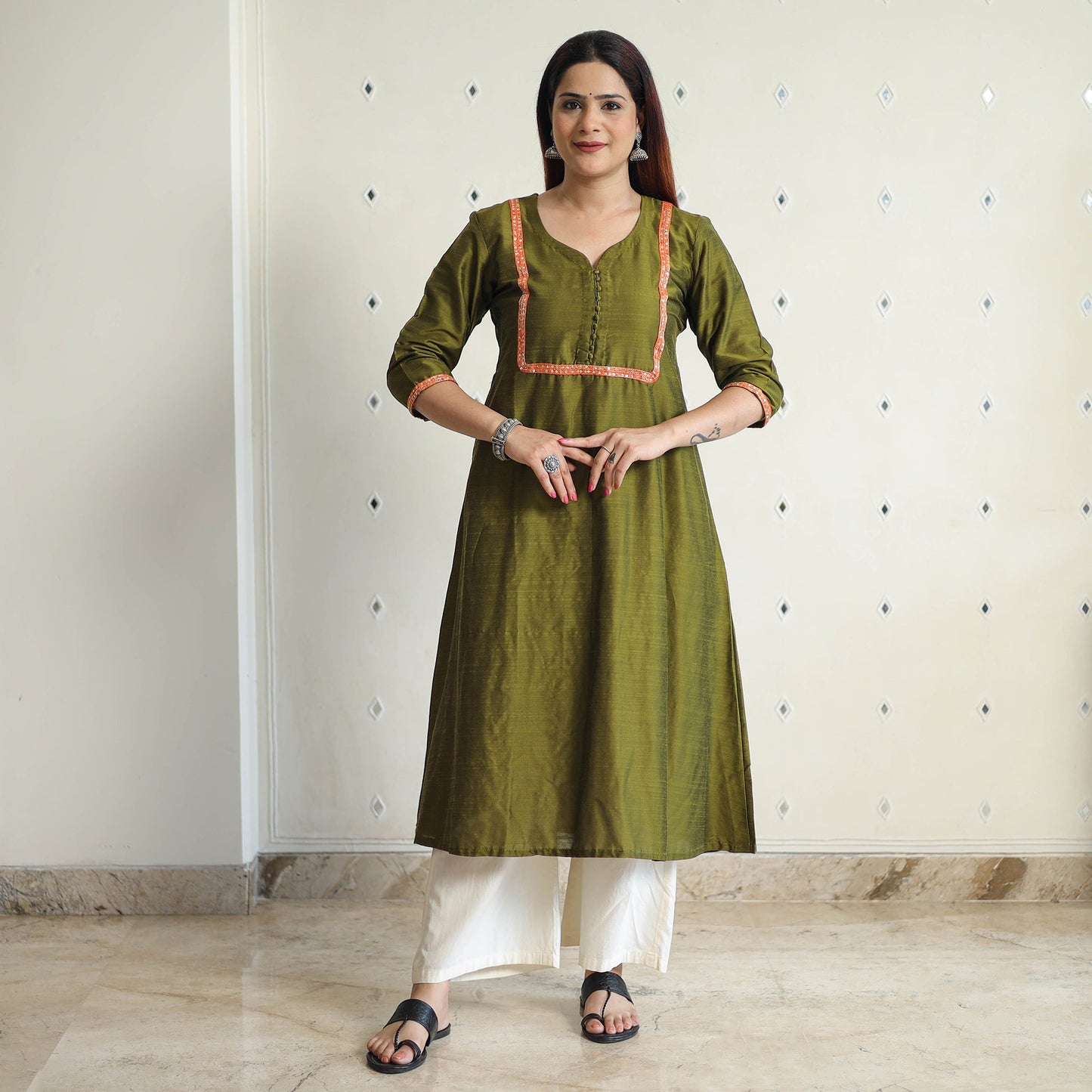 Olive green - plain solid slub silk kurta with beadwork