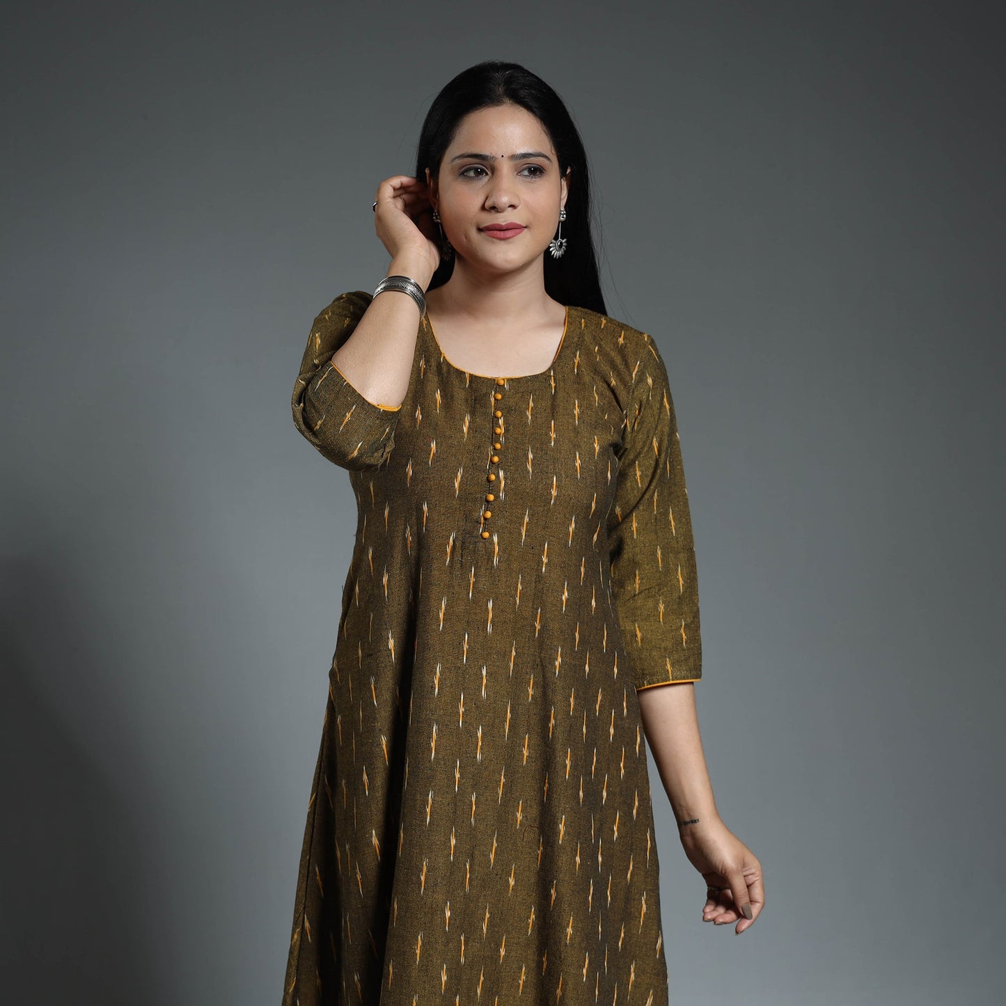 Pochampally Ikat Weave Cotton Long A-Line Kurta 17