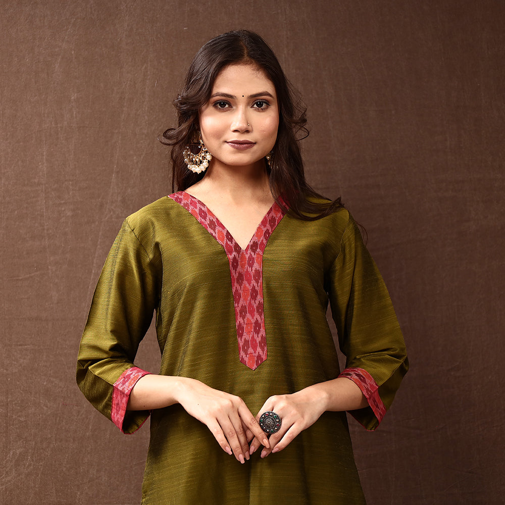 Buy Olive Green Silk Plain Long Kurti for Women