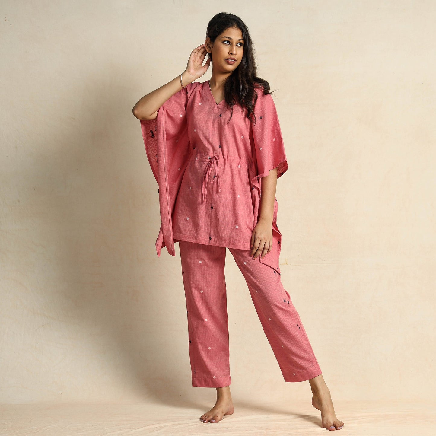 Onion pink jacquard cotton top & pyjama night suit set