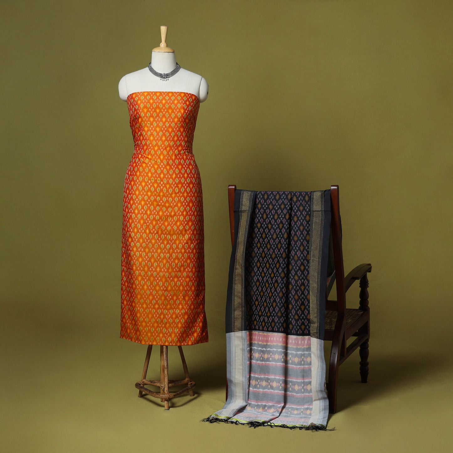 Orange - 2pc unstitched handloom sico pochampally ikat