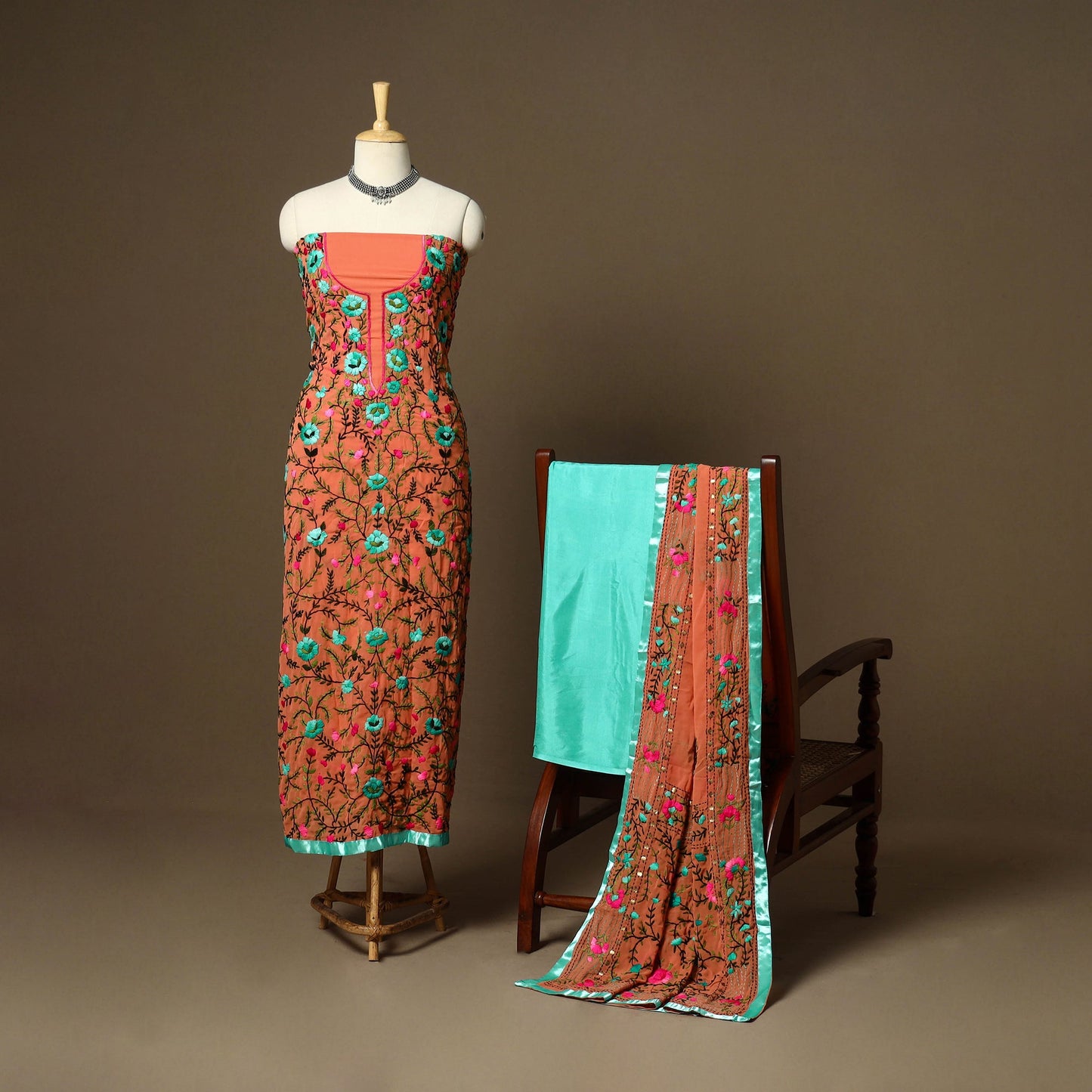 Orange - 33pc hand embroidery georgette unstitched phulkari