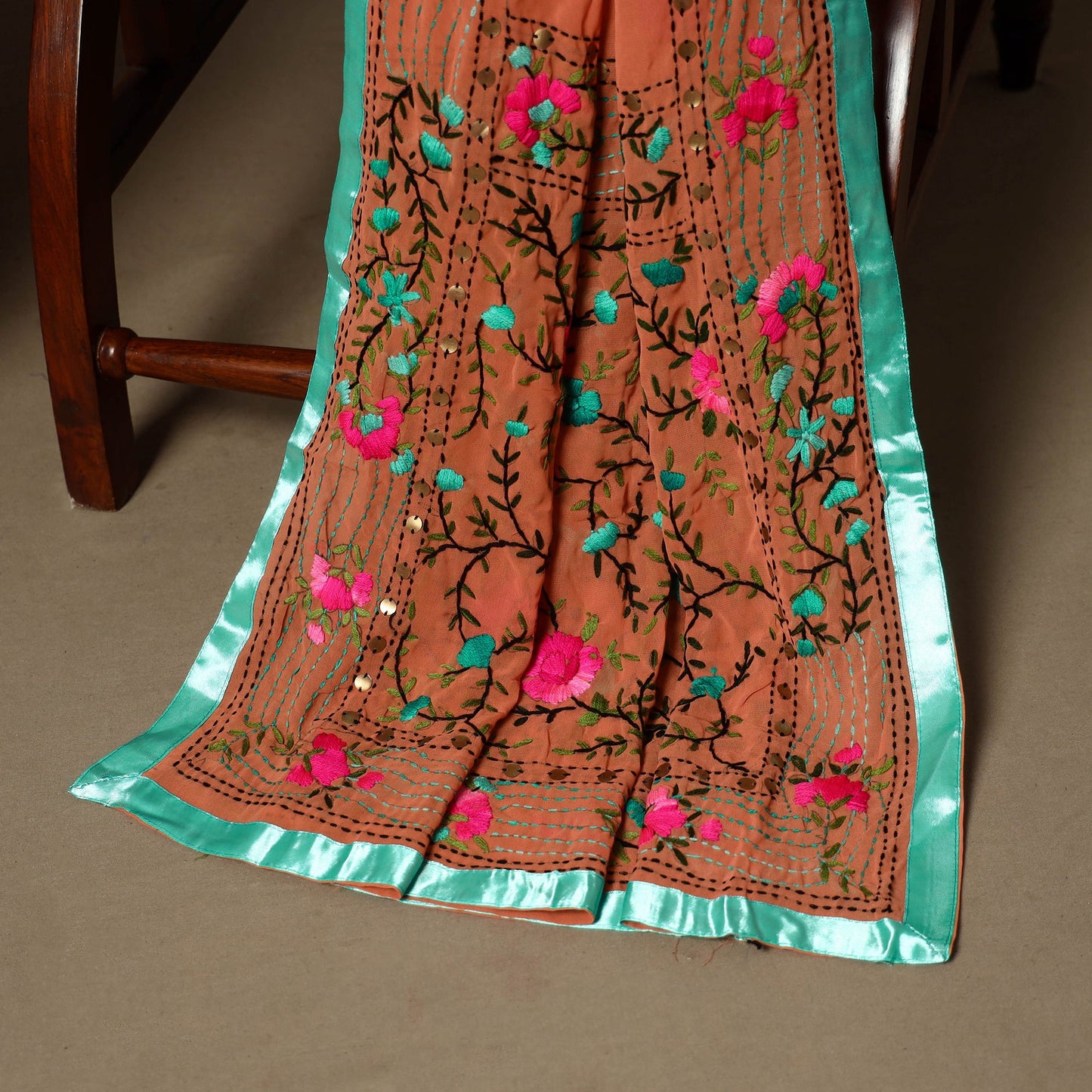 Orange - 33pc hand embroidery georgette unstitched phulkari