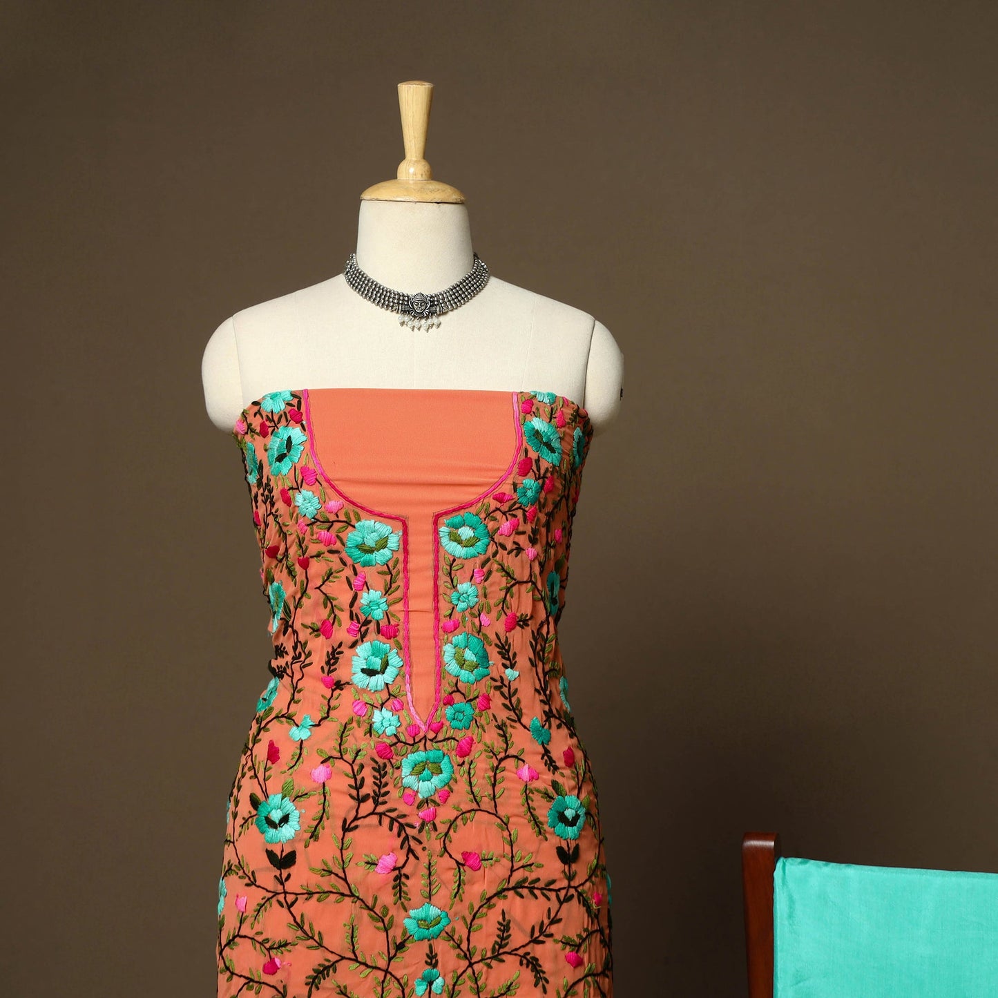 Orange - 33pc hand embroidery georgette unstitched phulkari
