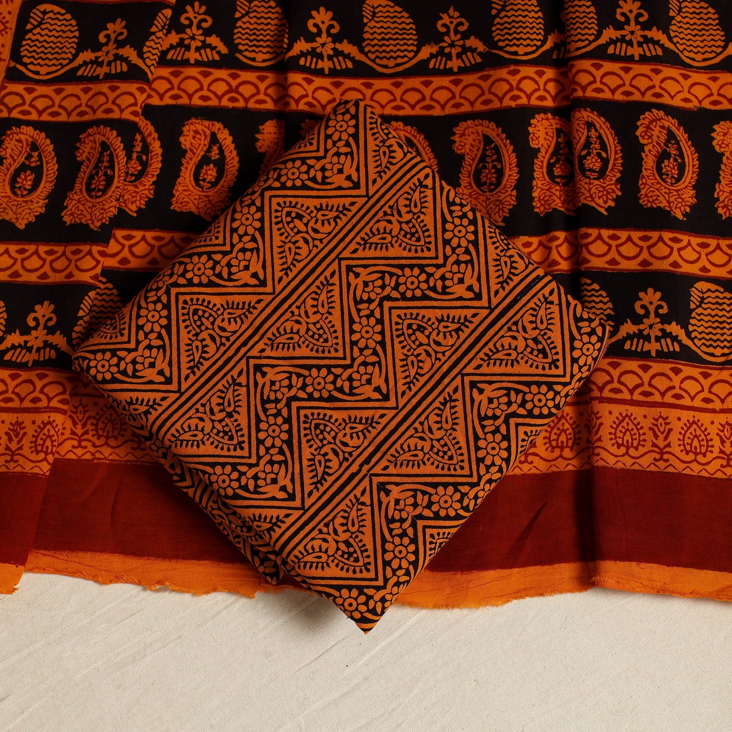 Orange 3pc Cotton Bagh Print Suit Material Set