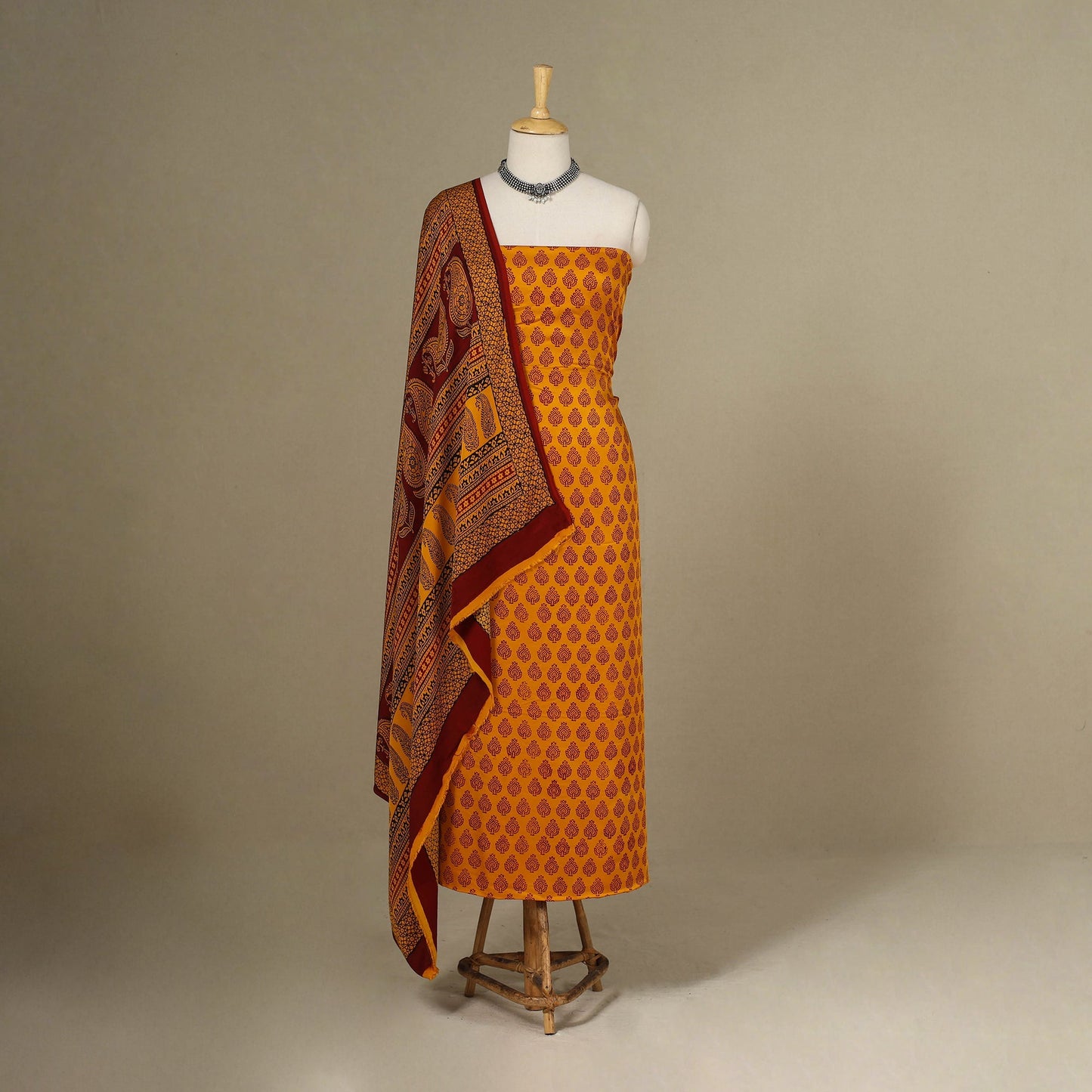Yellow - 3pc Modal Silk Unstitched Bagh Print Suit Material Set