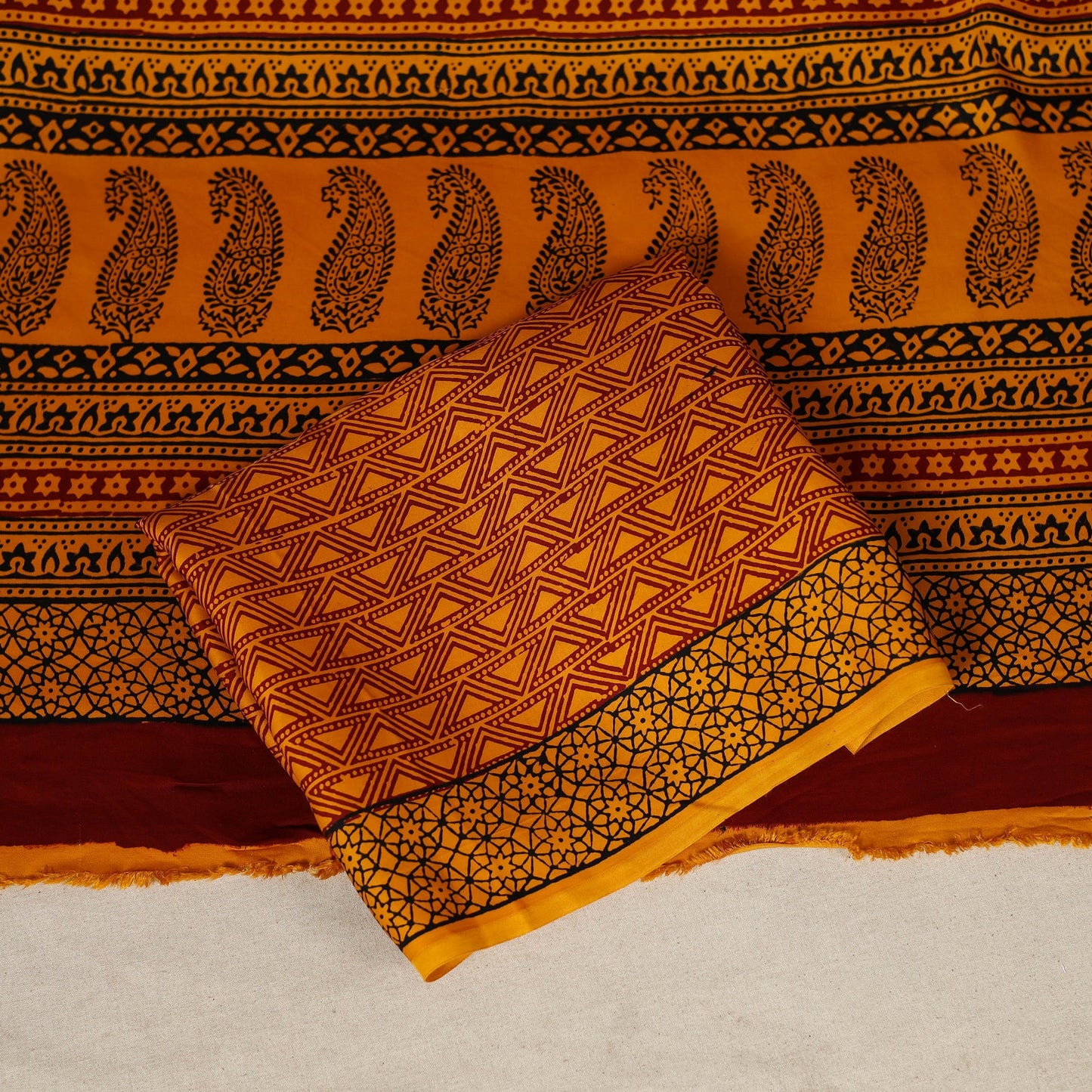 Yellow - 3pc Modal Silk Unstitched Bagh Print Suit Material Set
