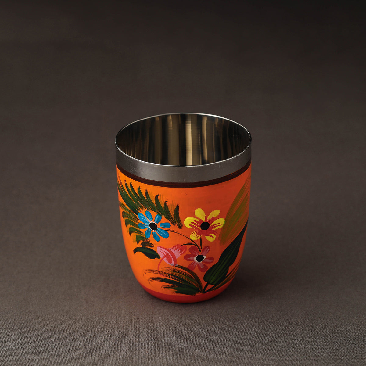 Banaras Orange Handpainted Stainless Steel Glass