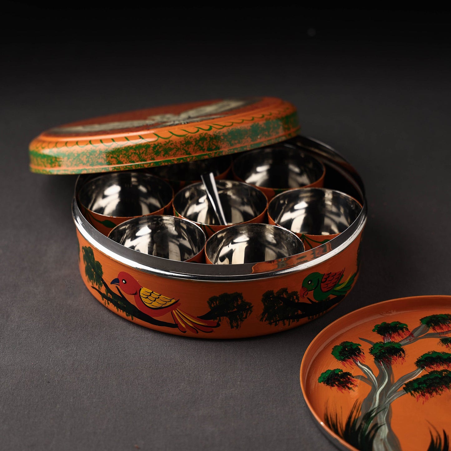 Banaras Handpainted Stainless Steel Orange Masala Box