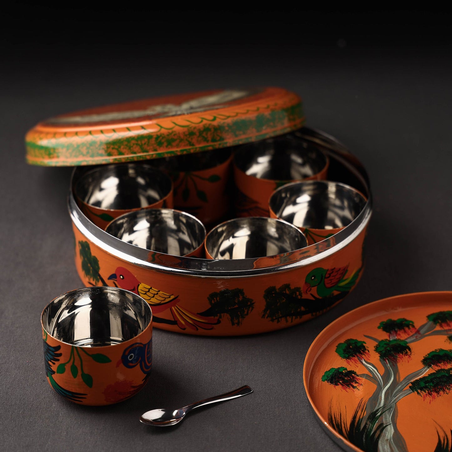 Banaras Handpainted Stainless Steel Orange Masala Box