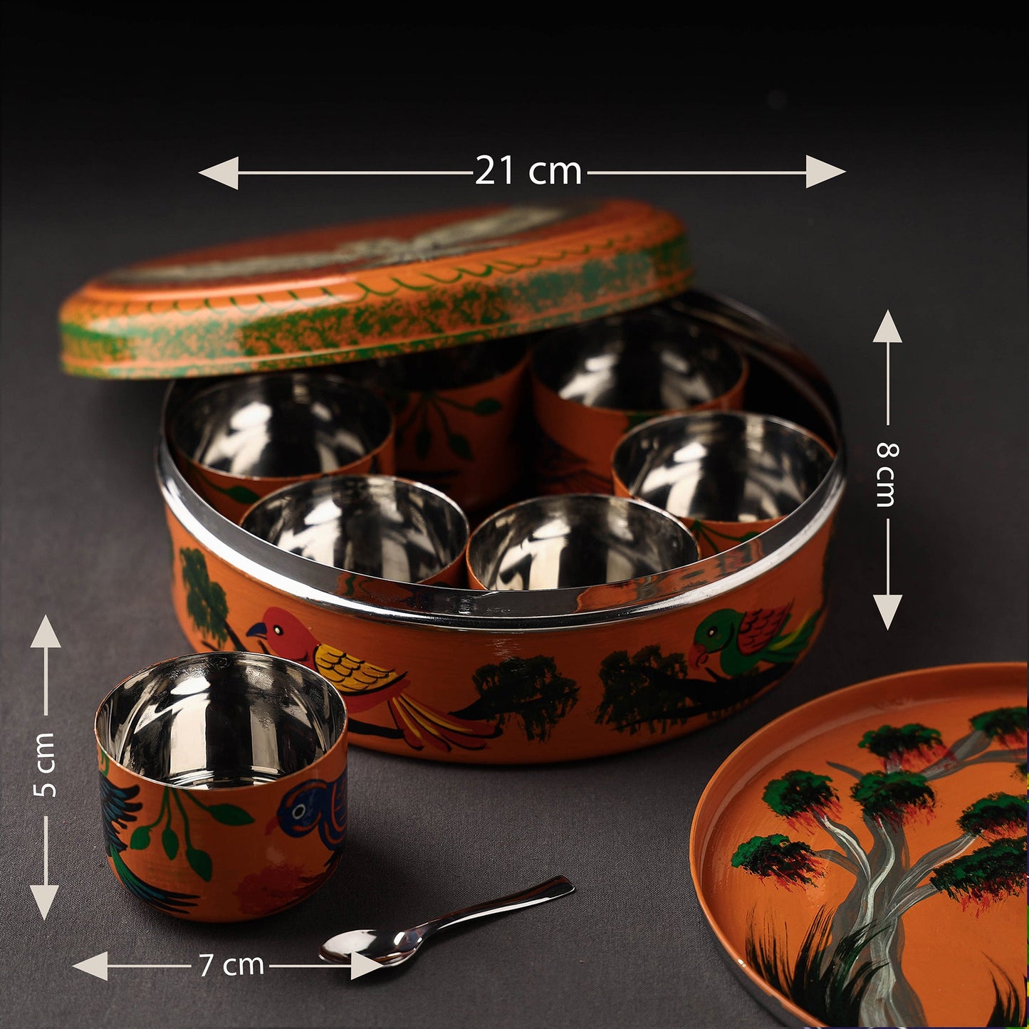 Banaras Handpainted Stainless Steel Orange Masala Box