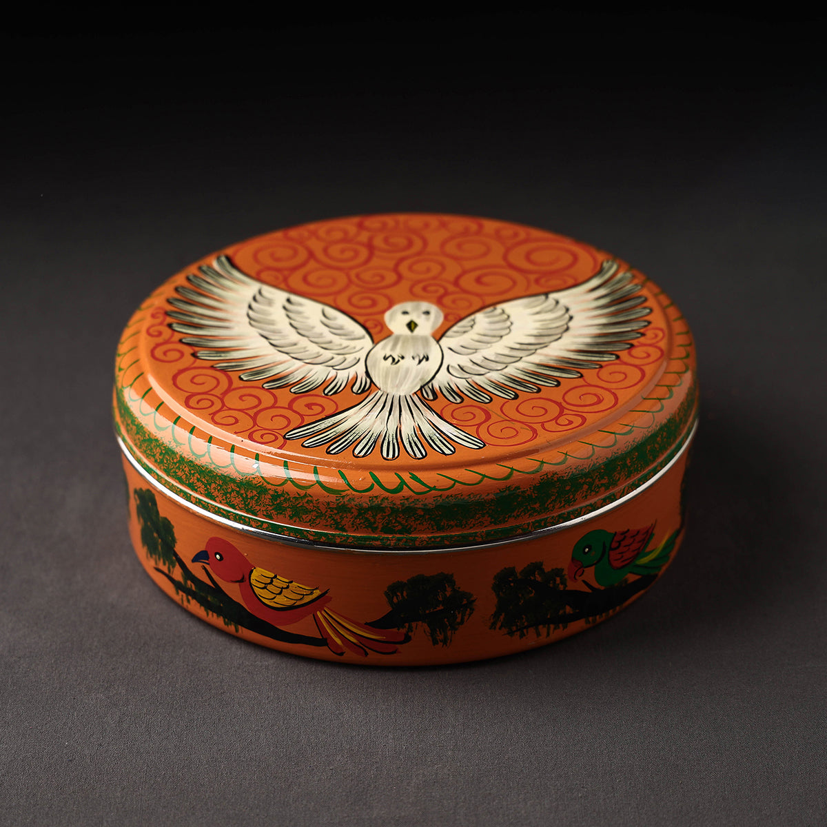 Banaras Handpainted Stainless Steel Orange Masala Box