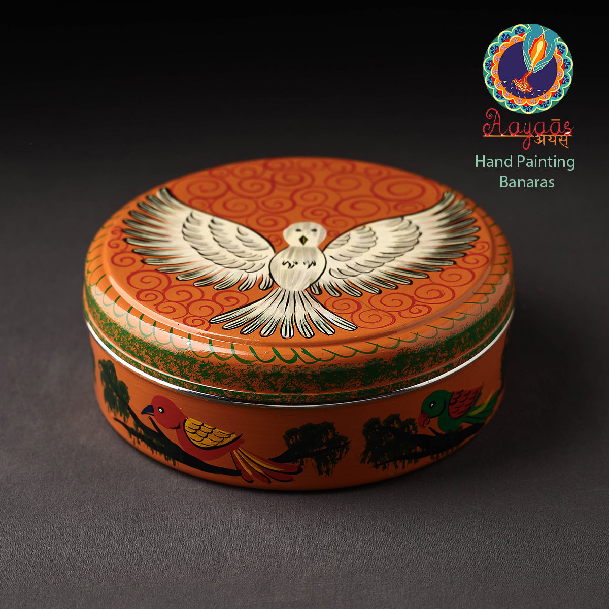 Banaras Handpainted Stainless Steel Orange Masala Box
