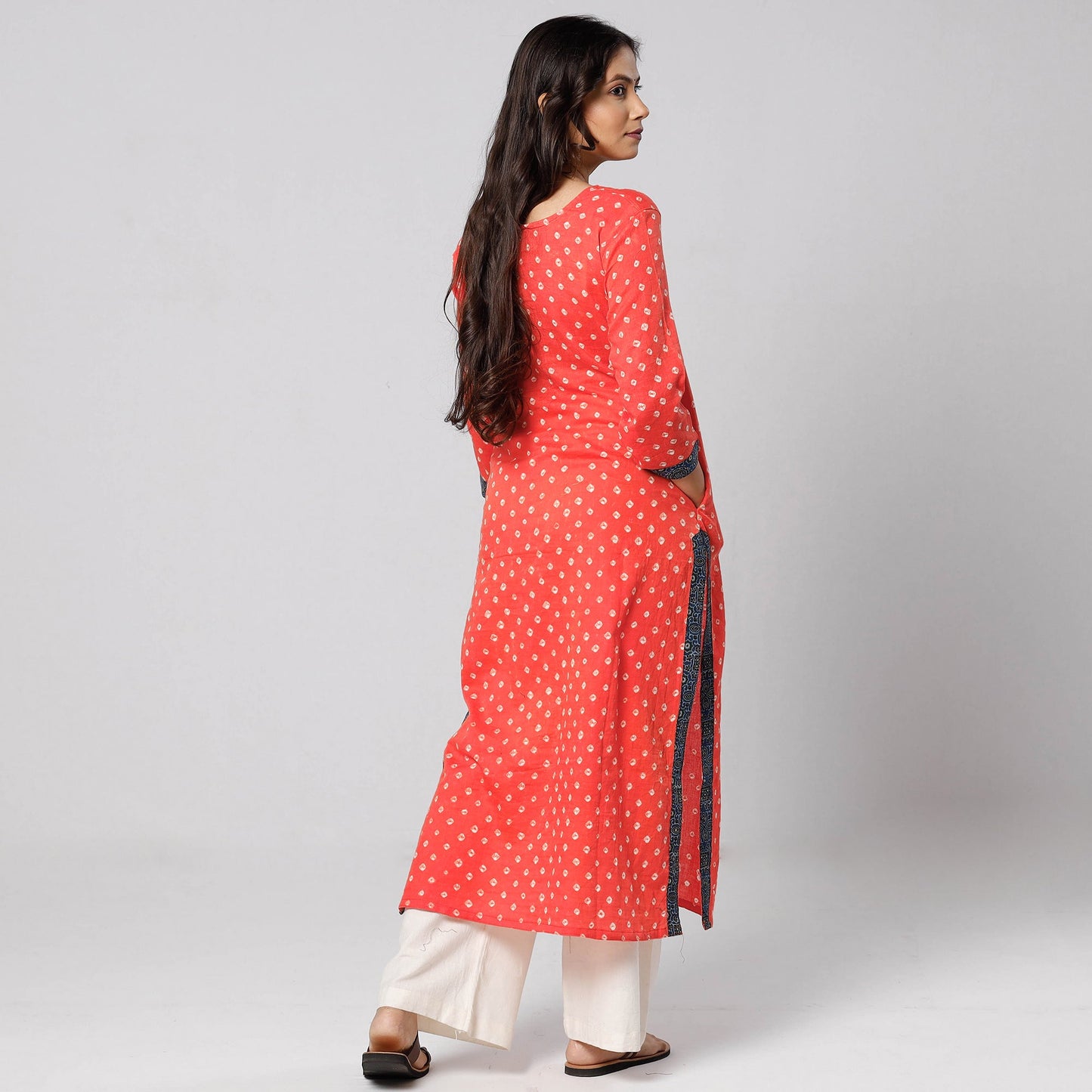 Orange - bandhani tie-dye cotton long kurta - handcrafted
