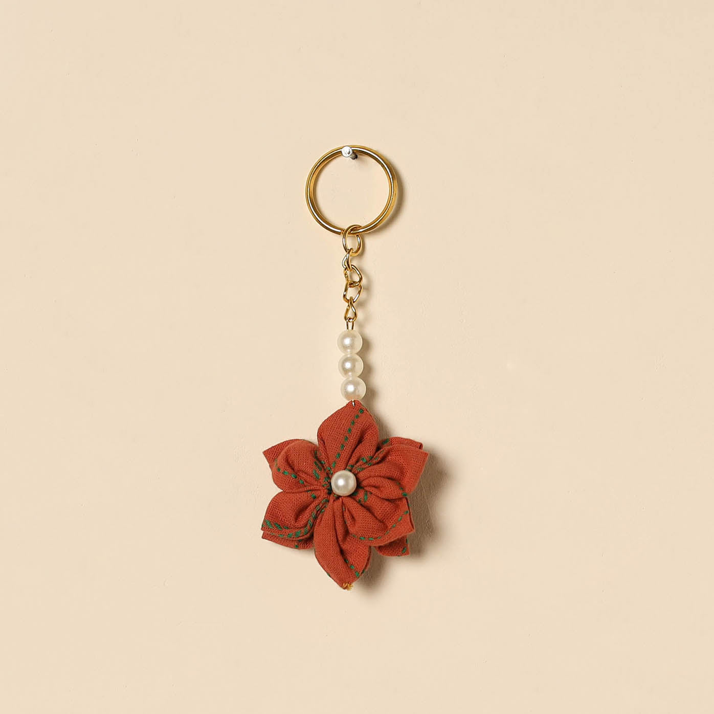 Beaded fabart flower keychain 09 - handcrafted