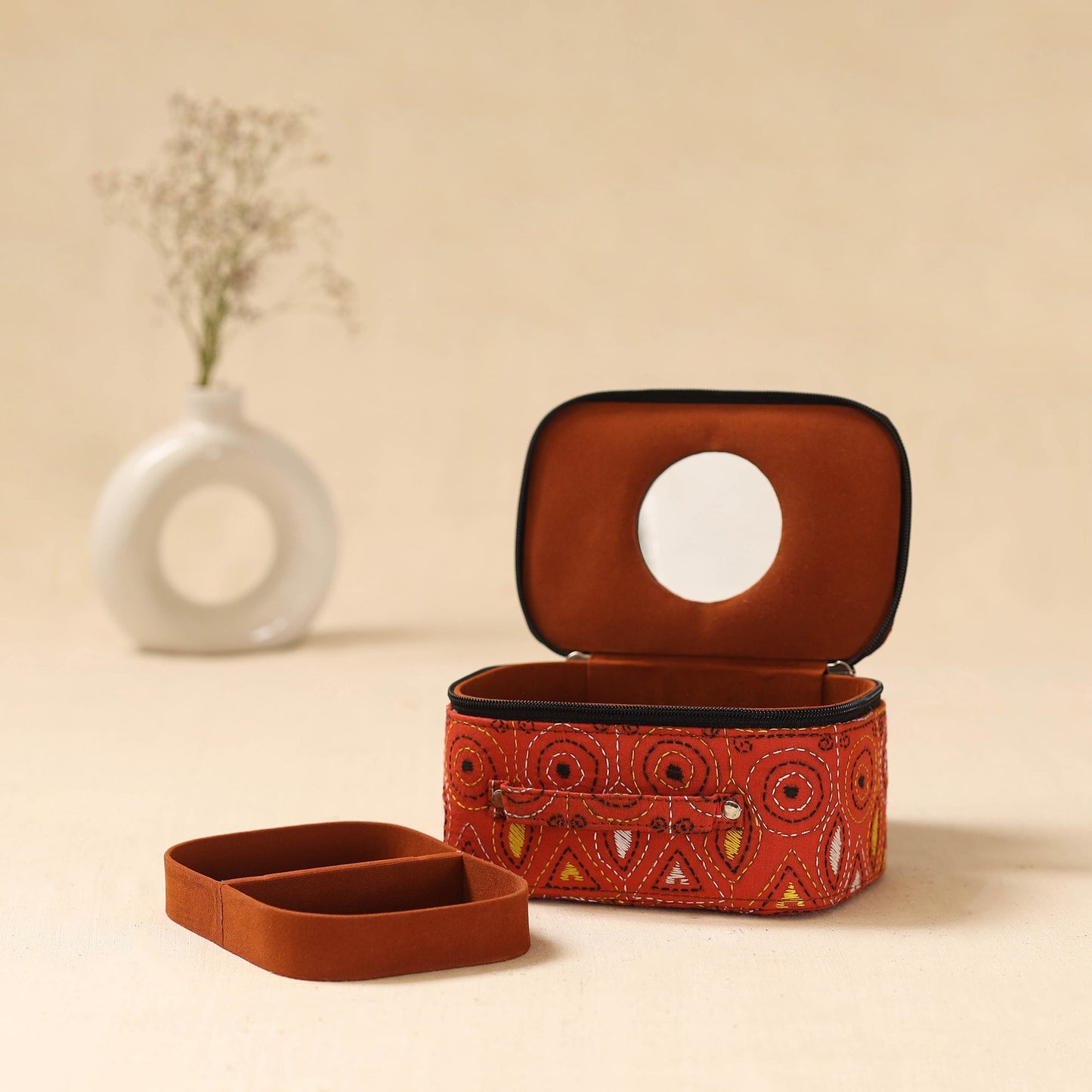 Bengal kantha work handcrafted jewellery box with mirror 01