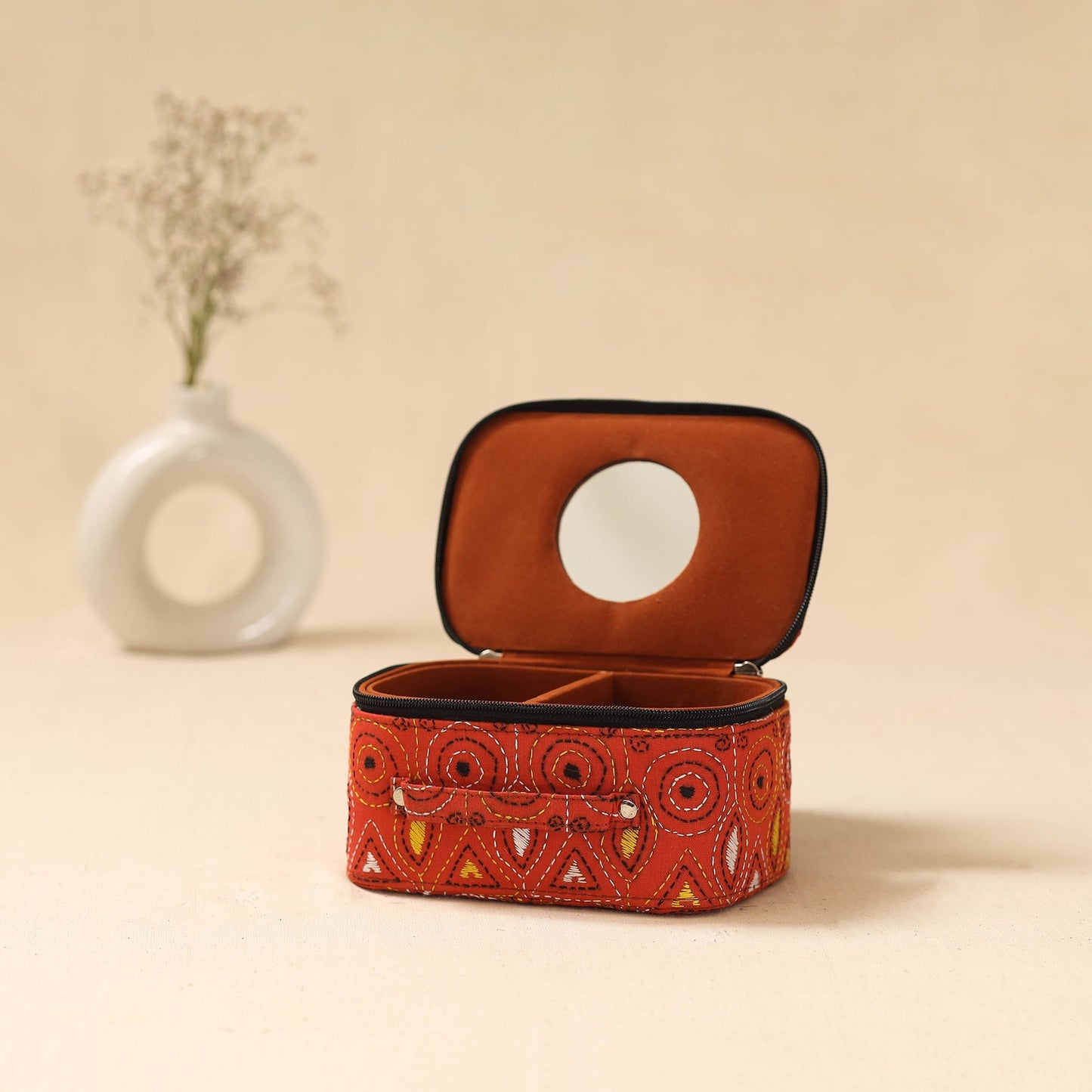 Bengal kantha work handcrafted jewellery box with mirror 01