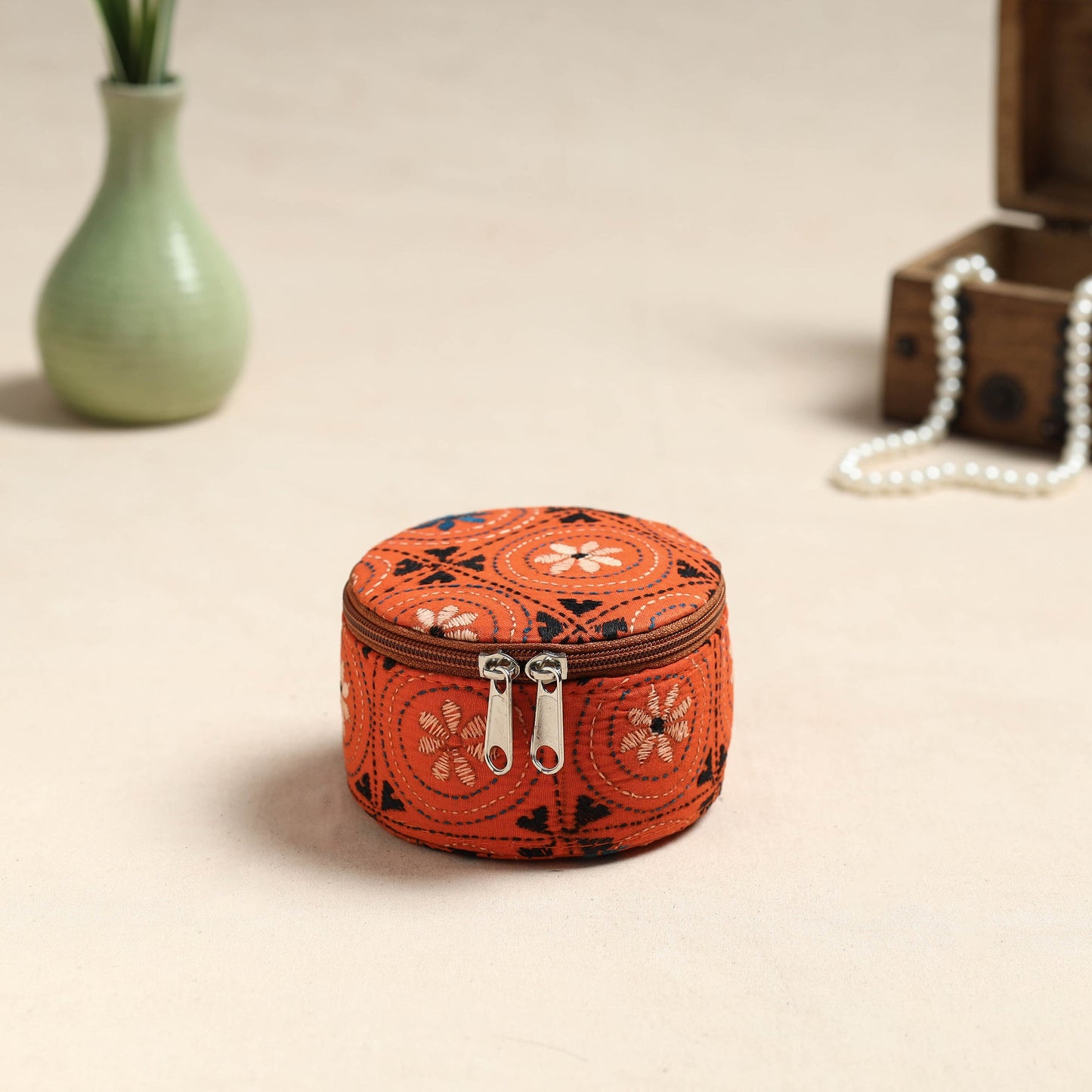 Bengal Kantha Work Handcrafted Round Orange Utility Box