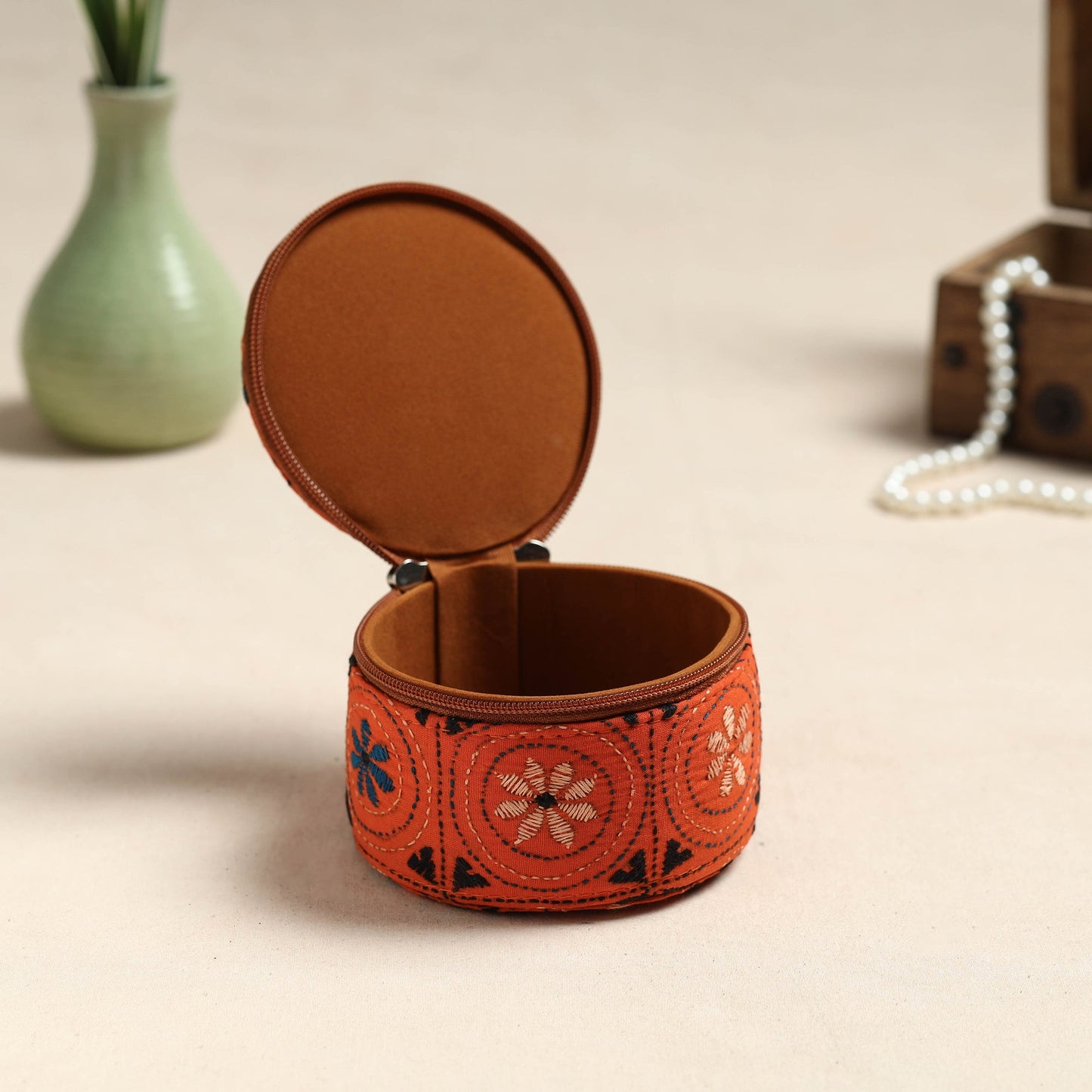 Bengal Kantha Work Handcrafted Round Orange Utility Box