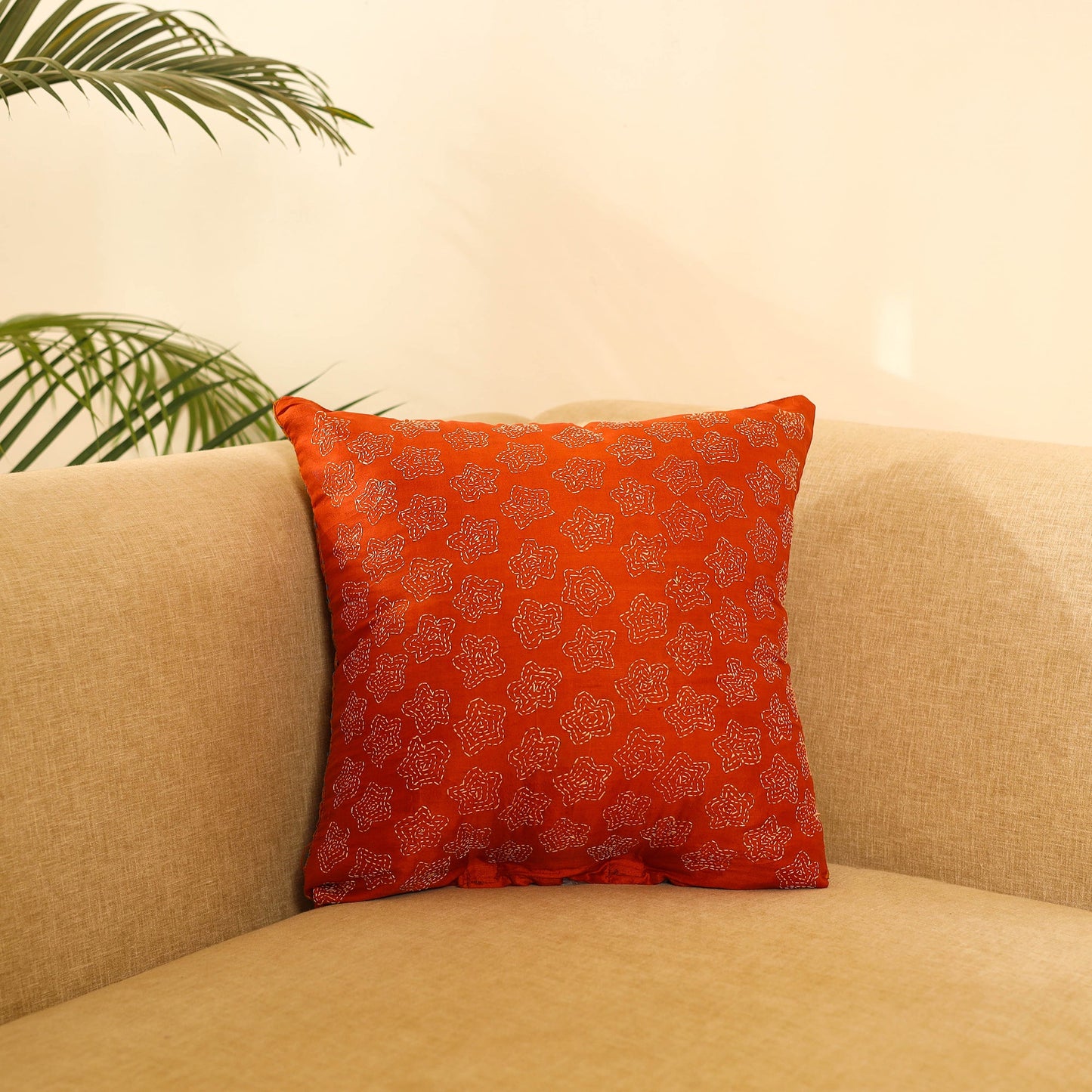 Orange Bengal Kantha Work Reversible Silk Cushion Cover