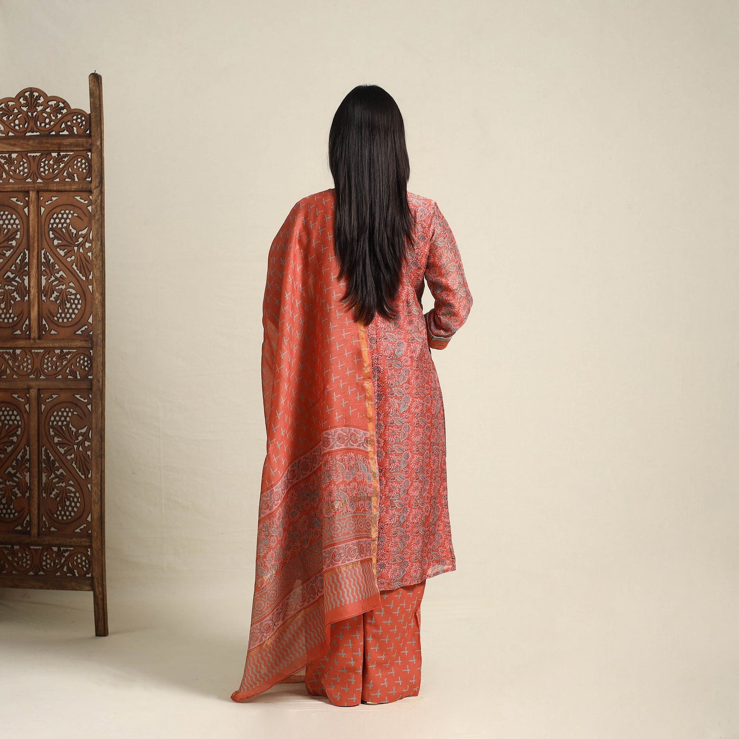 Orange Block Print Chanderi Silk Sanganeri Kurta Set
