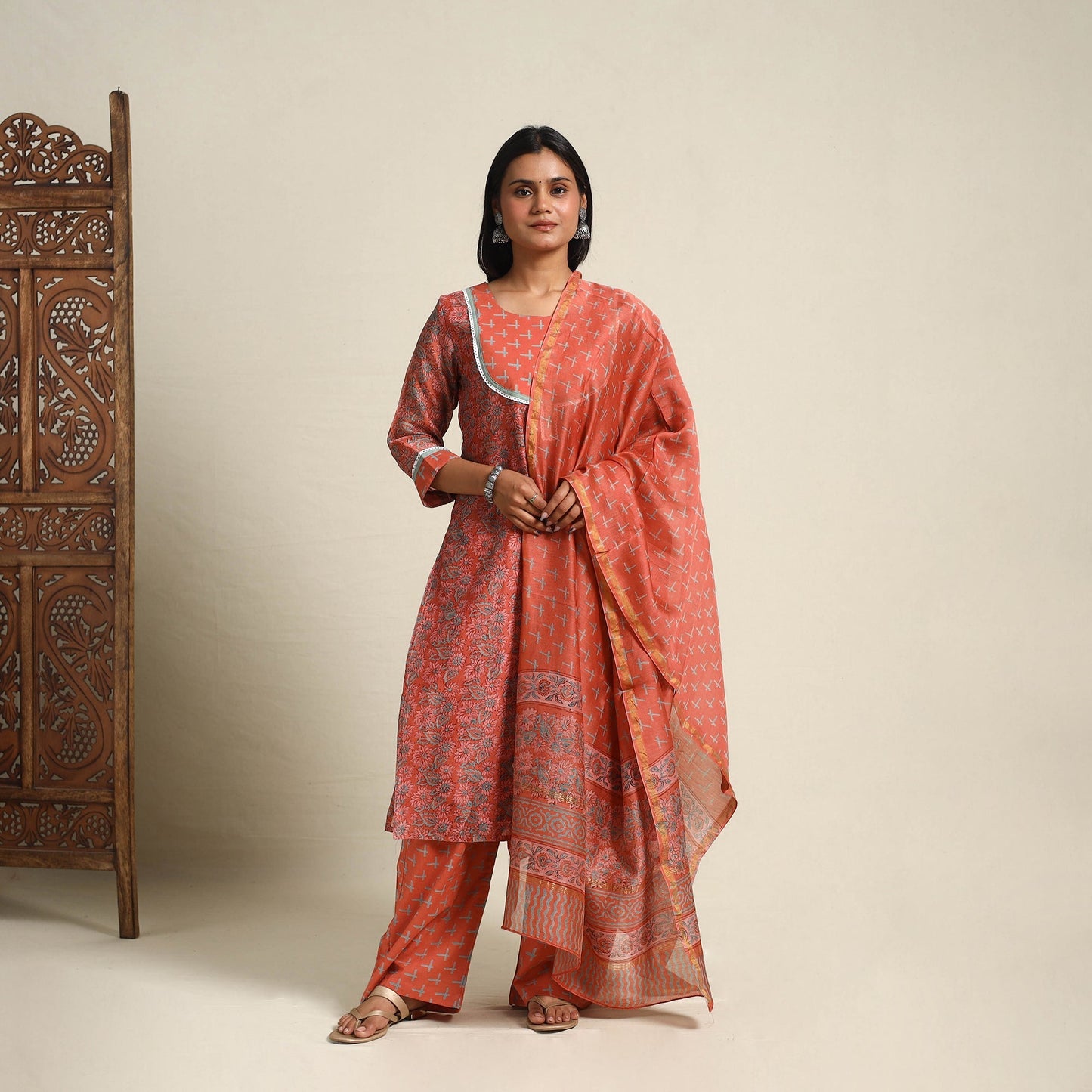 Orange Block Print Chanderi Silk Sanganeri Kurta Set