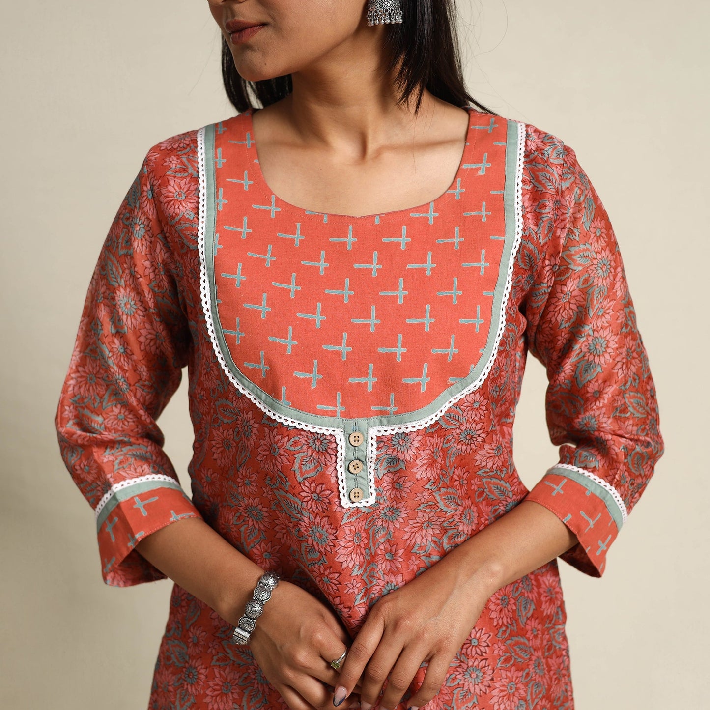 Orange Block Print Chanderi Silk Sanganeri Kurta Set